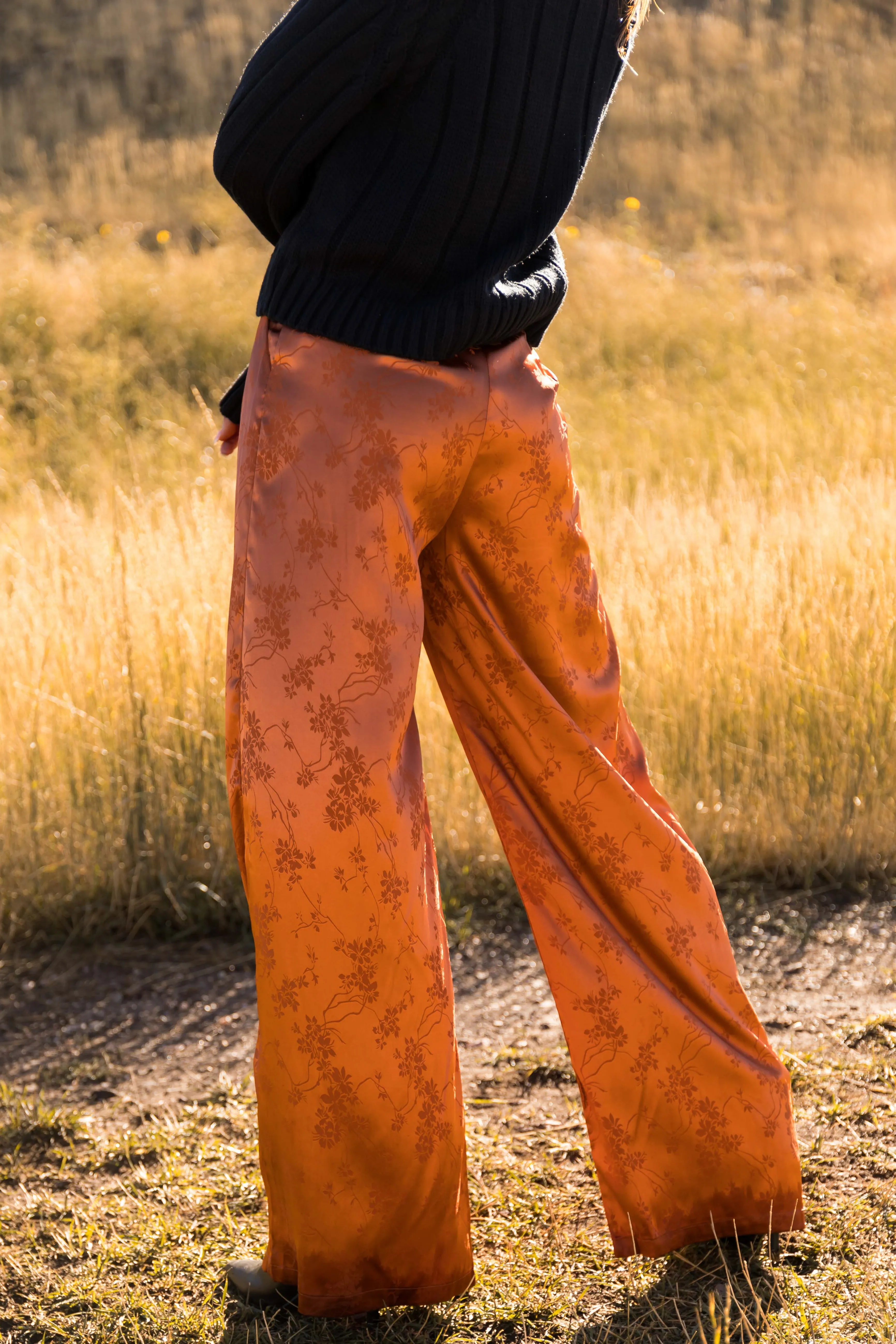 Pumpkin Spice Floral Jacquard Satin Wide Pants sold by Lime Lush product image thumbnail 4