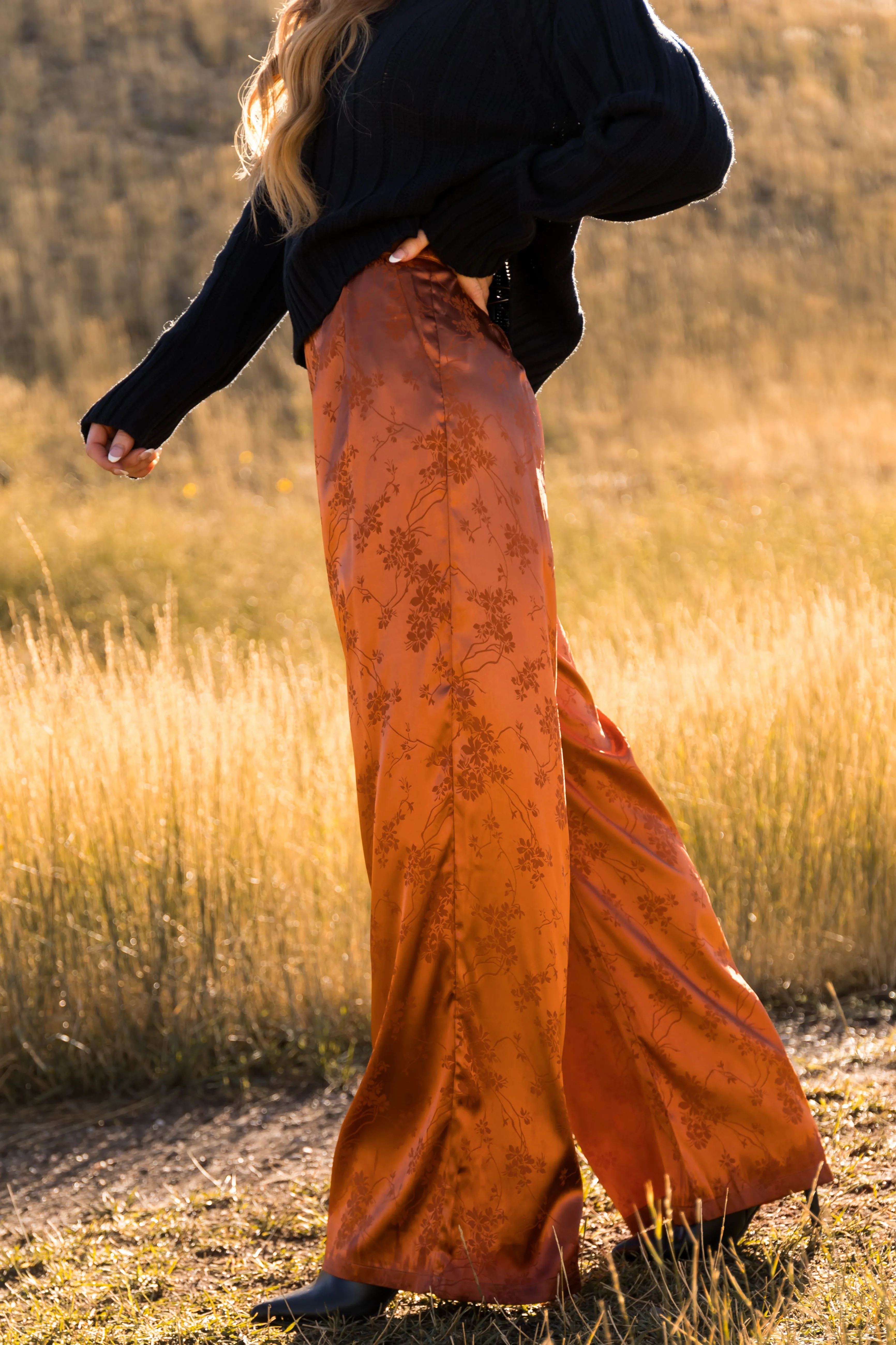 Pumpkin Spice Floral Jacquard Satin Wide Pants sold by Lime Lush product image thumbnail 3