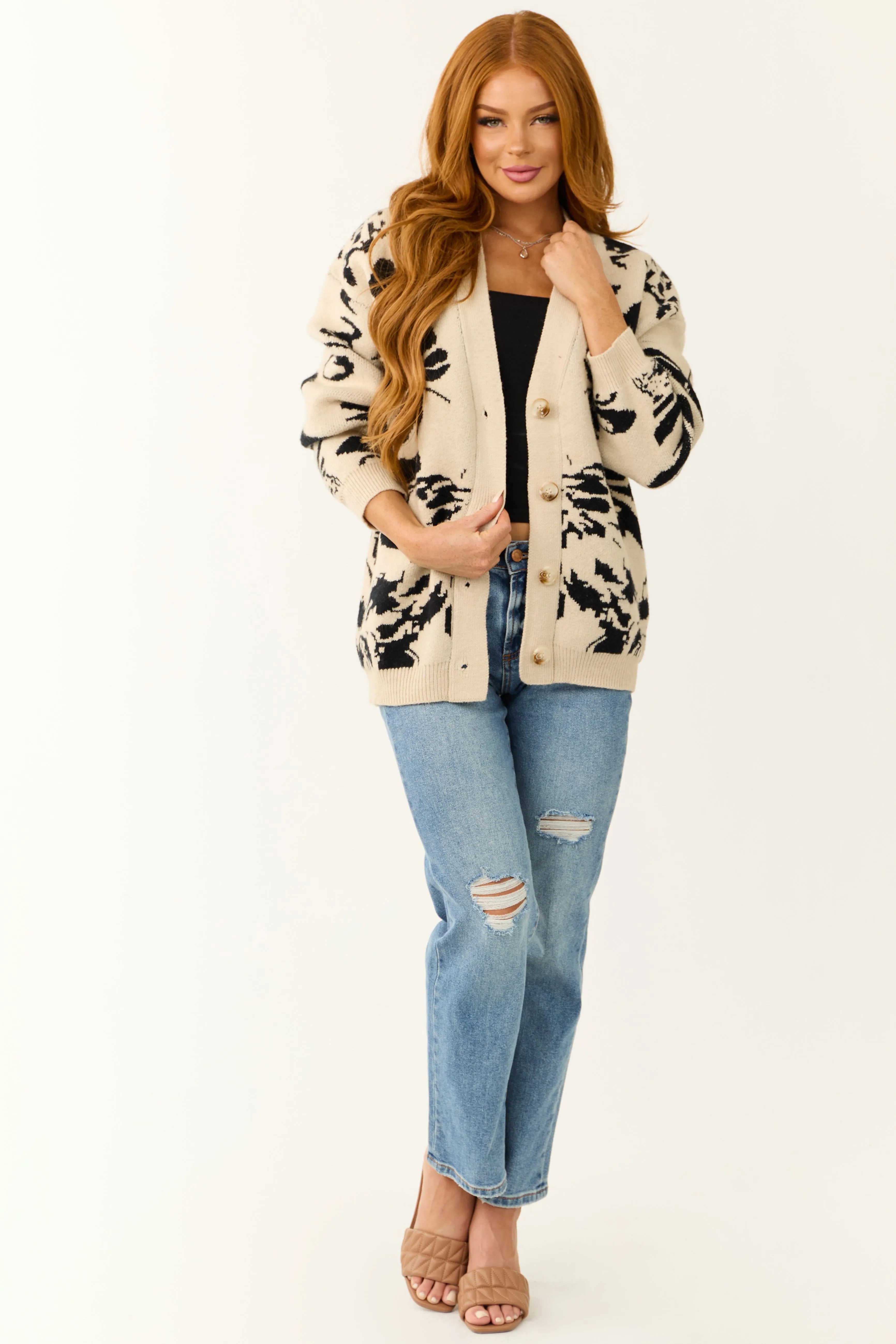 Beige and Black Abstract Print V Neck Cardigan sold by Lime Lush product image thumbnail 2