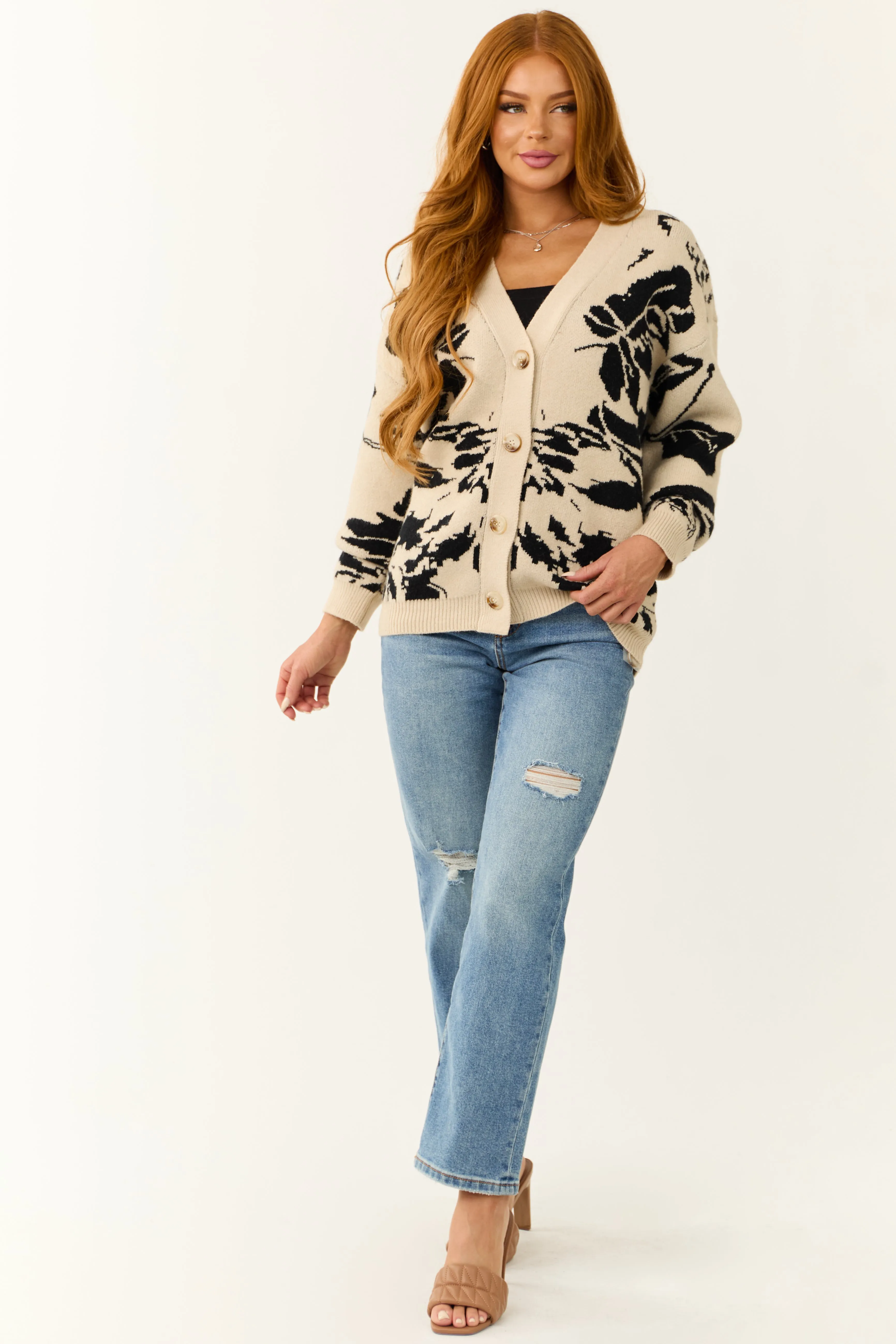 Beige and Black Abstract Print V Neck Cardigan sold by Lime Lush product image thumbnail 3