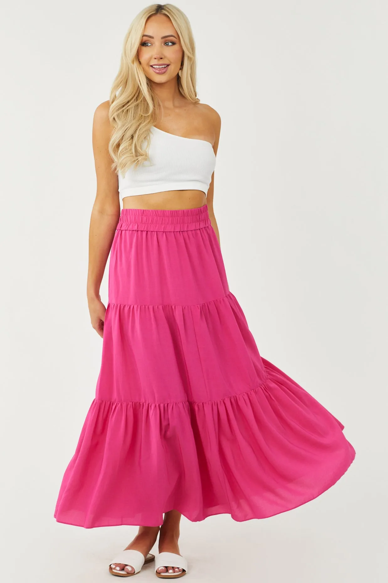 Magenta Tiered Smocked Waist Woven Maxi Skirt sold by Lime Lush
