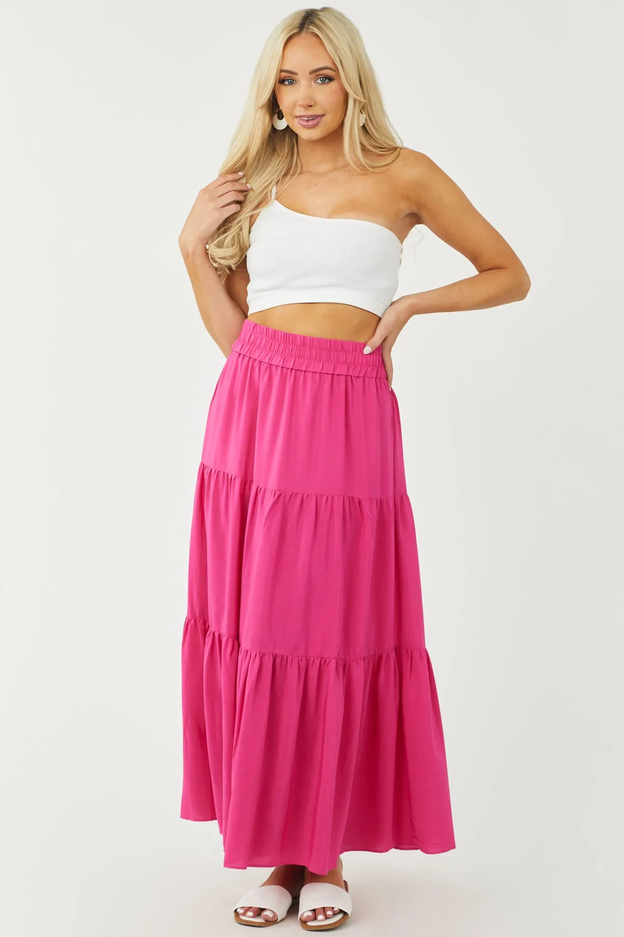 Magenta Tiered Smocked Waist Woven Maxi Skirt sold by Lime Lush product image thumbnail 5
