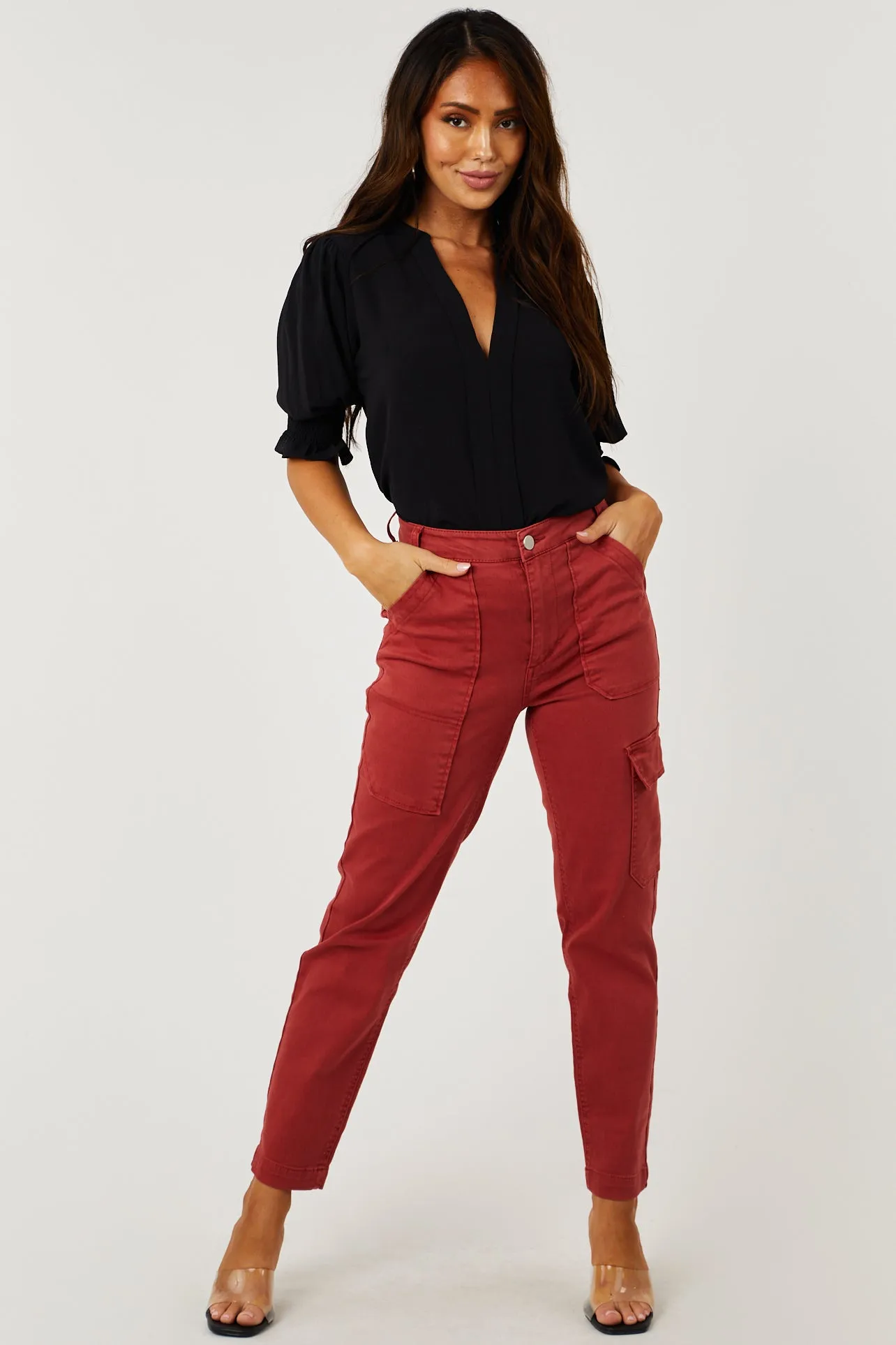 Risen Rust High Rise Cargo Straight Jeans sold by Lime Lush