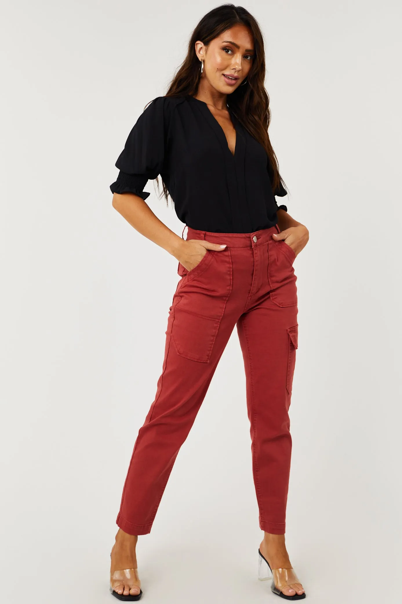 Risen Rust High Rise Cargo Straight Jeans sold by Lime Lush product image thumbnail 5