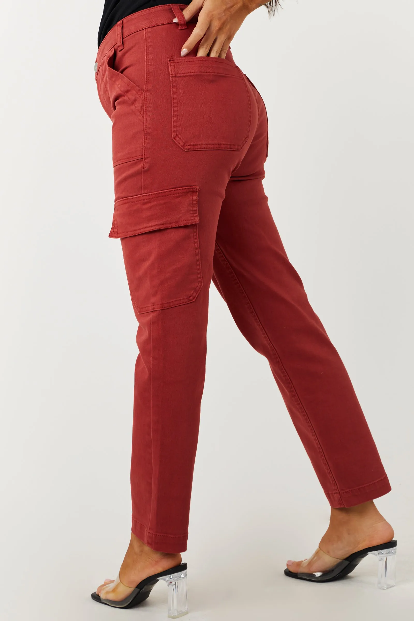 Risen Rust High Rise Cargo Straight Jeans sold by Lime Lush product image thumbnail 3