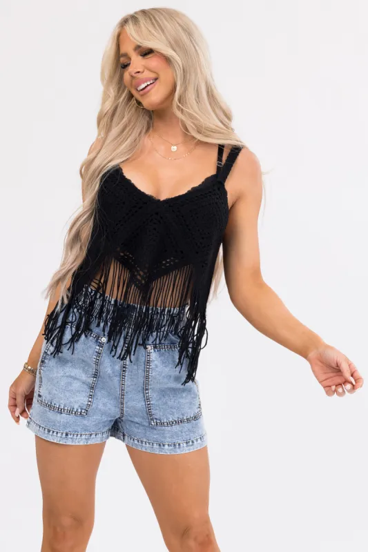 Black Solid Crochet Fringe Tank Top sold by Lime Lush
