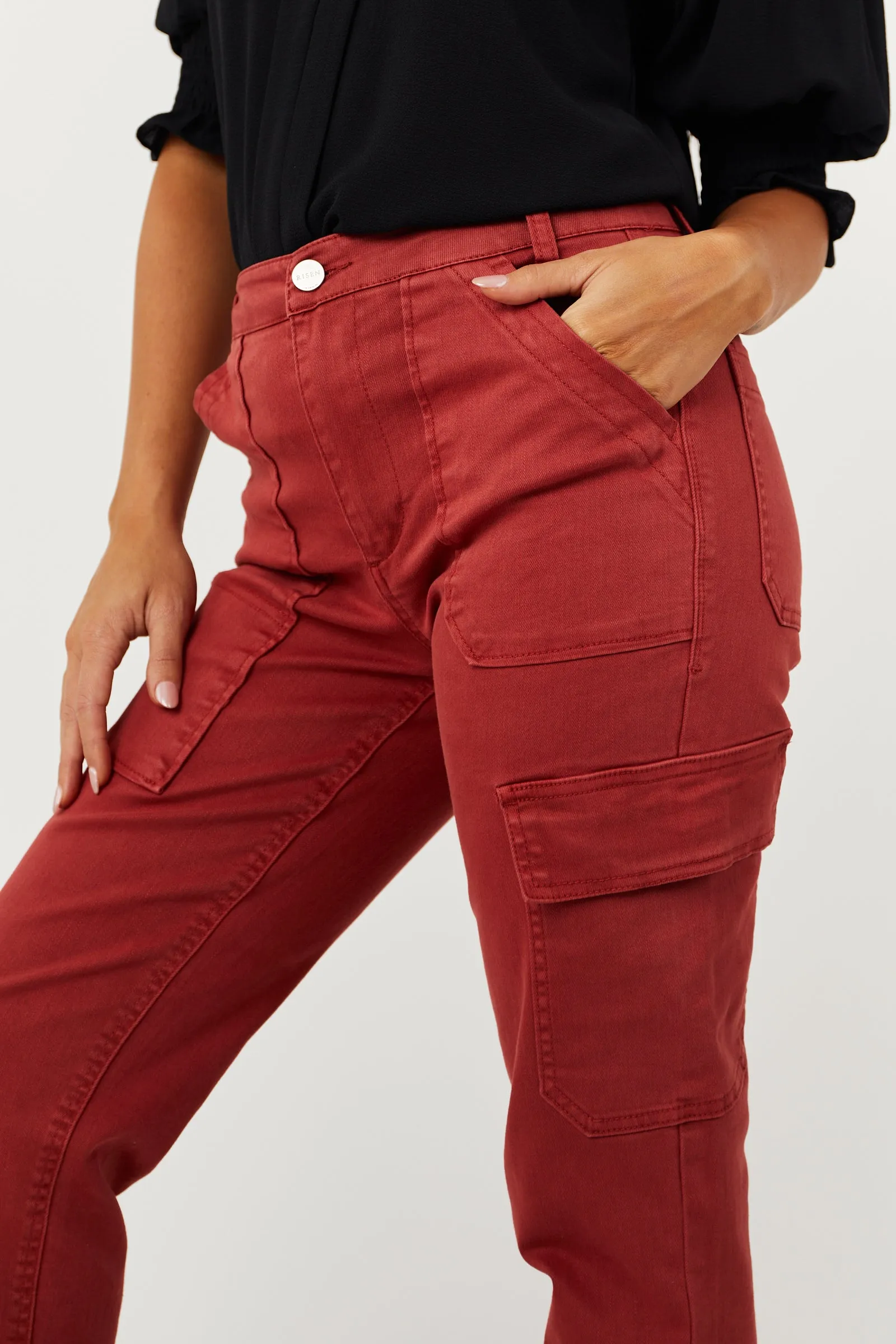 Risen Rust High Rise Cargo Straight Jeans sold by Lime Lush product image thumbnail 4