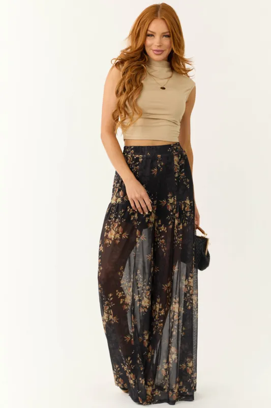 Black Floral Print Mesh Palazzo Pants sold by Lime Lush