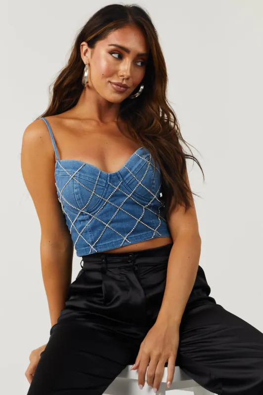 Medium Wash Denim Rhinestone Bustier Top sold by Lime Lush