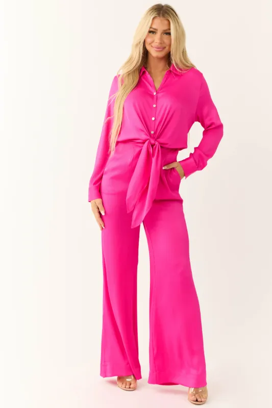 Magenta Button Up Collared Front Tie Jumpsuit sold by Lime Lush