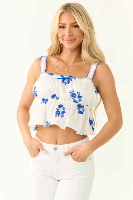 White and Cobalt Floral Embroidered Tank Top sold by Lime Lush