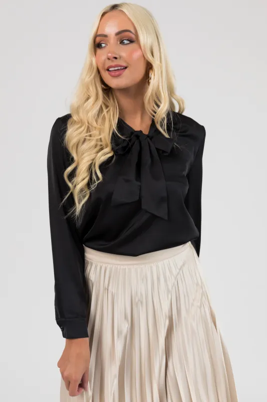 Black Bow Tie Long Sleeve Satin Blouse sold by Lime Lush