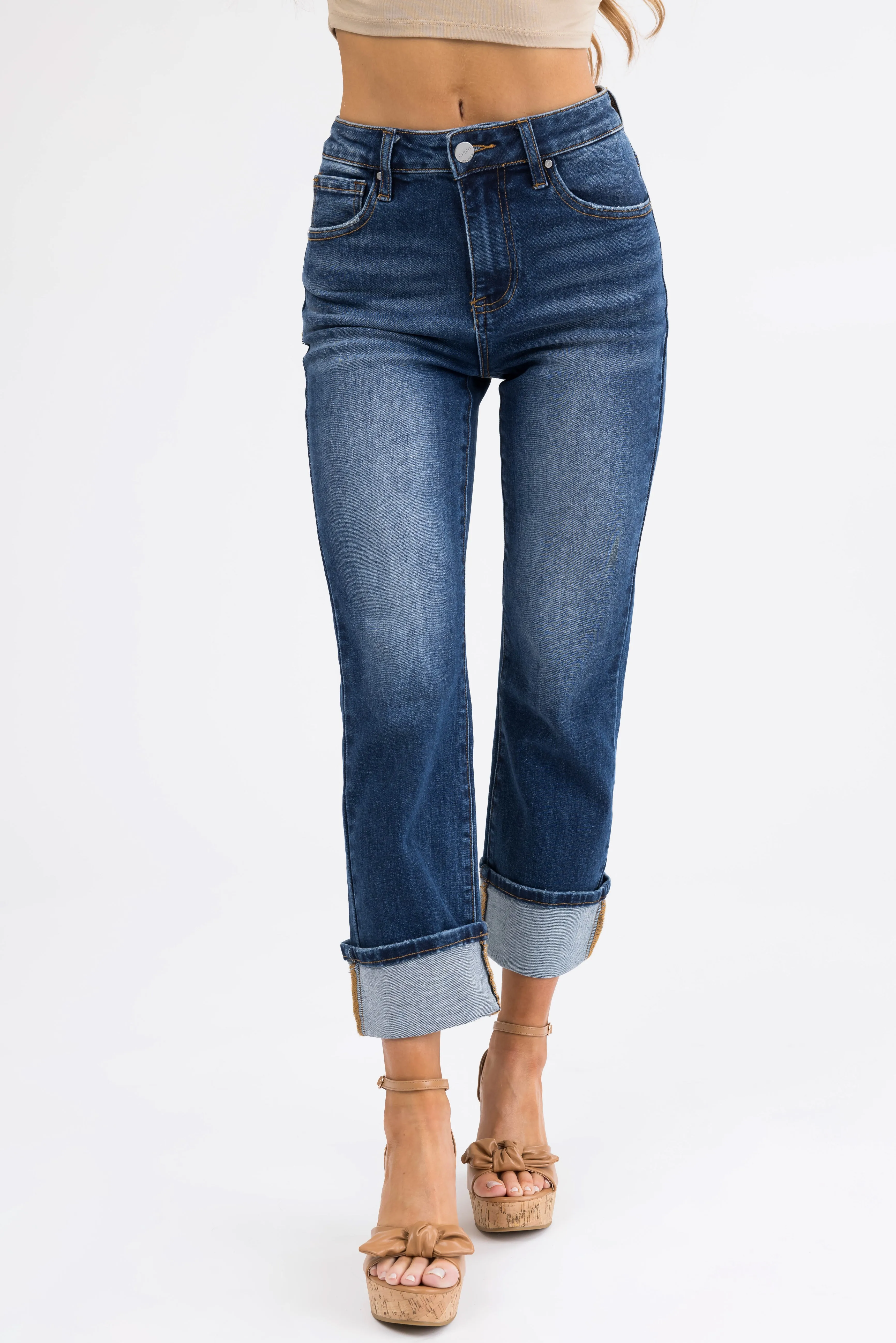 Risen Dark Wash Straight Leg Cuffed Jeans sold by Lime Lush