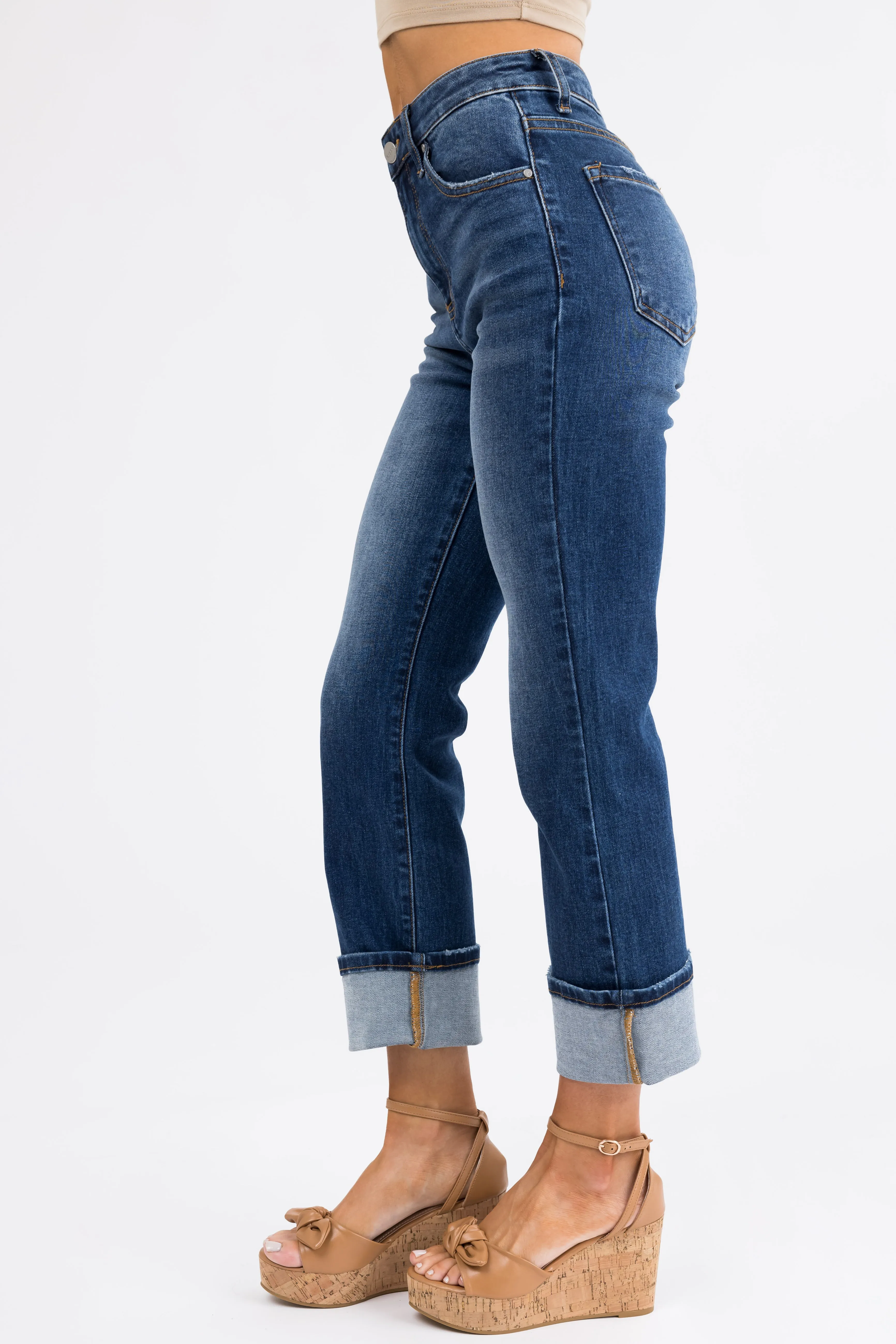 Risen Dark Wash Straight Leg Cuffed Jeans sold by Lime Lush product image thumbnail 4