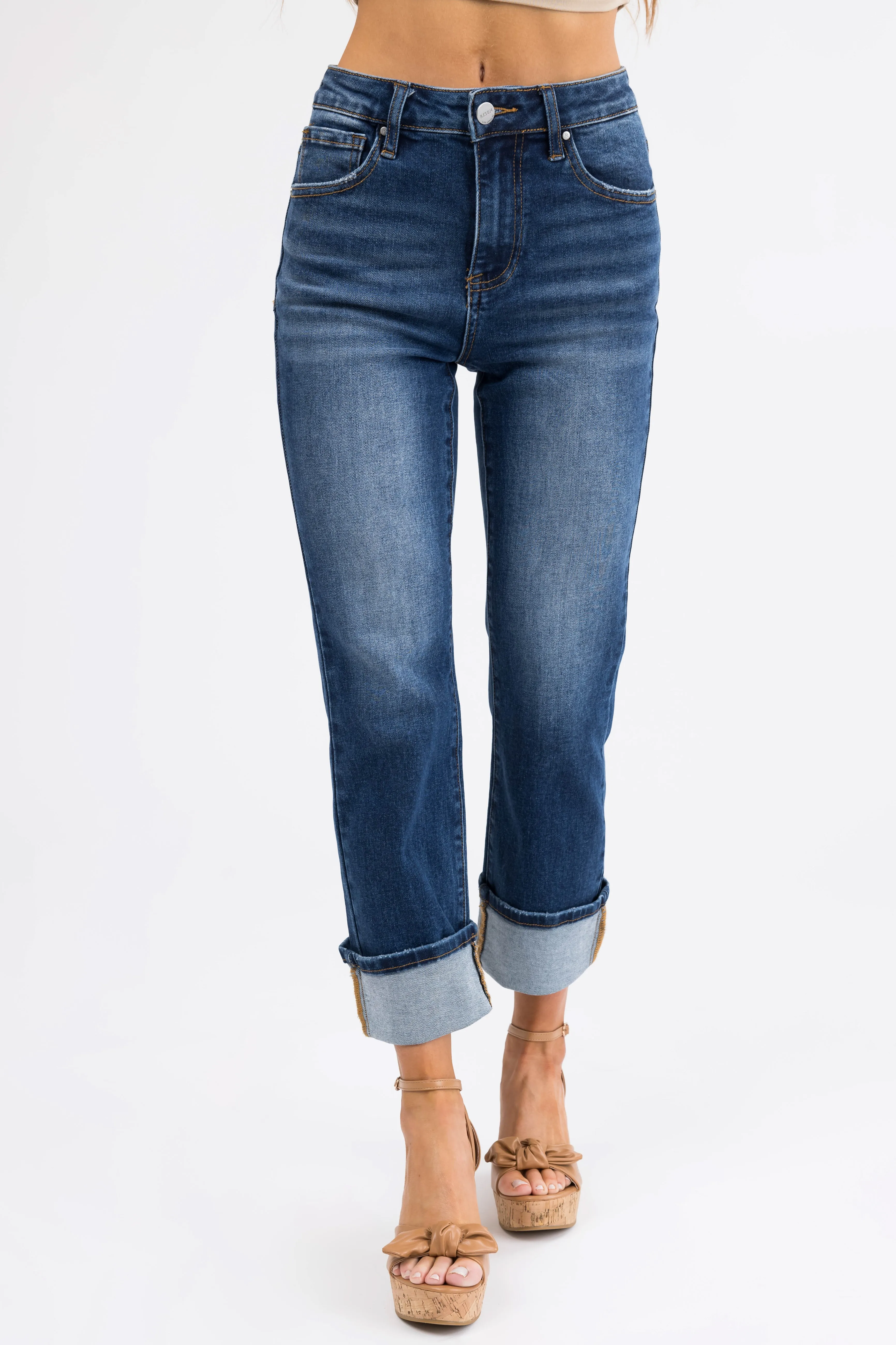 Risen Dark Wash Straight Leg Cuffed Jeans sold by Lime Lush product image thumbnail 3