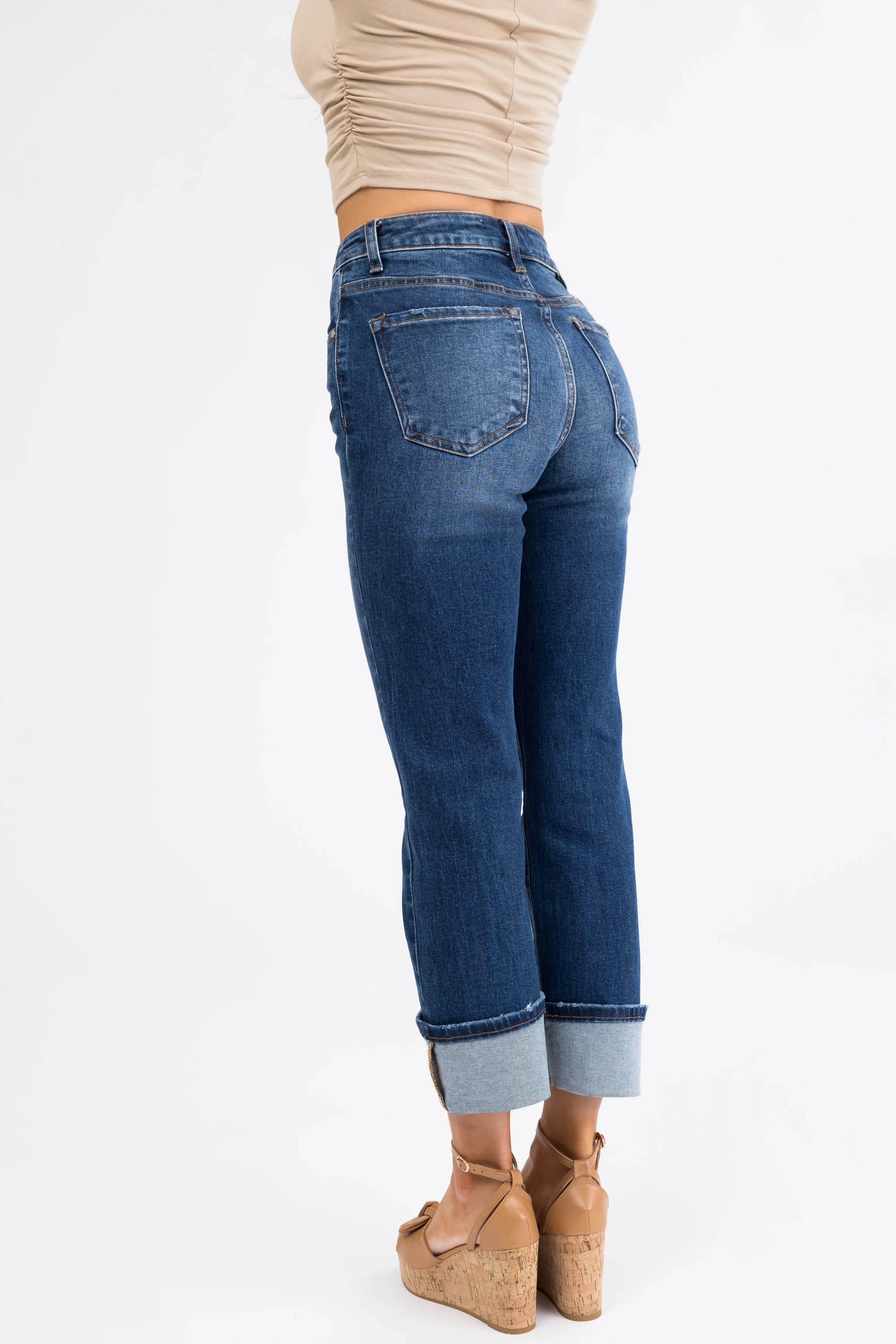 Risen Dark Wash Straight Leg Cuffed Jeans sold by Lime Lush product image thumbnail 5