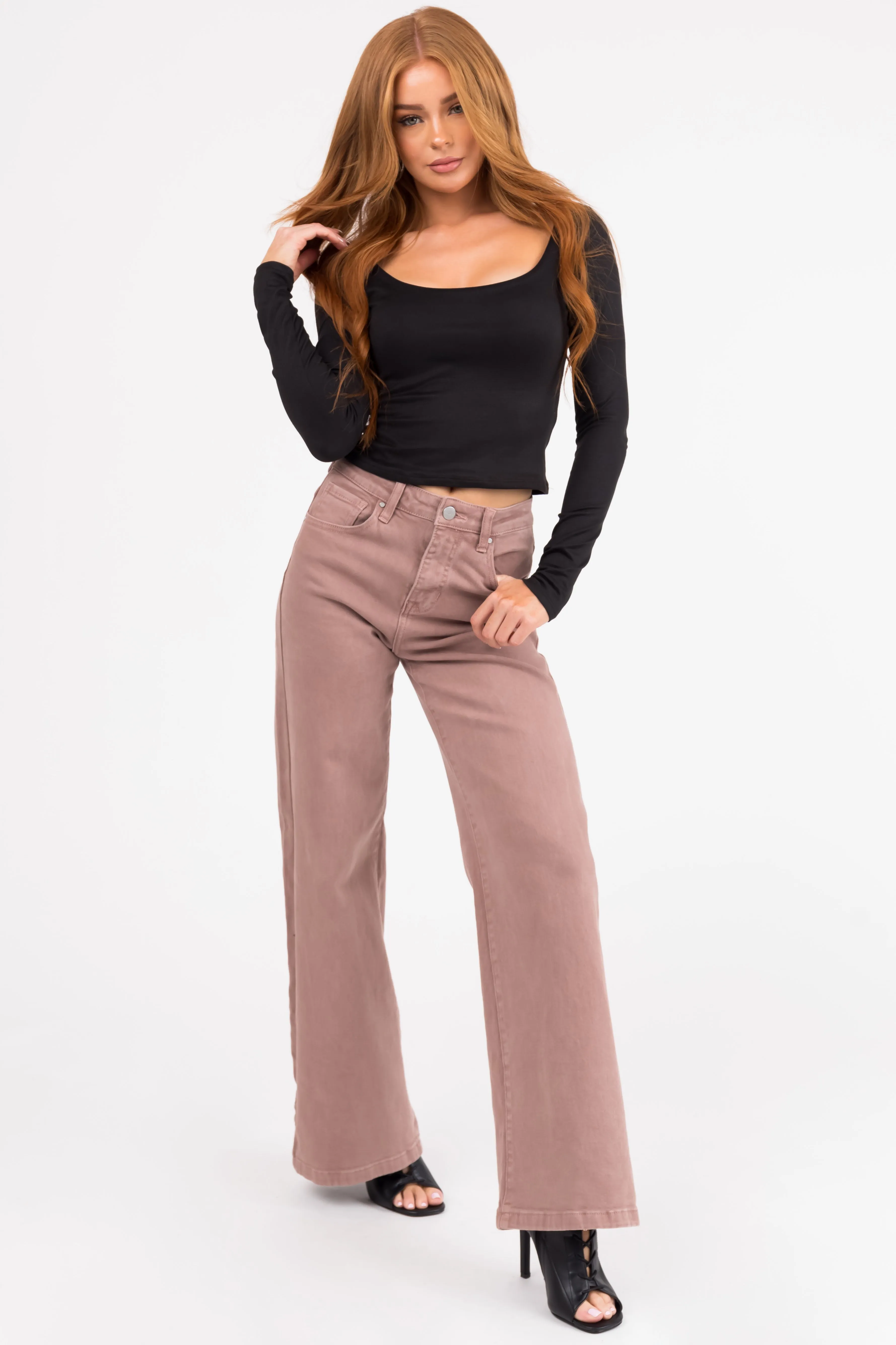 Risen Light Mauve High Rise Wide Leg Jeans sold by Lime Lush