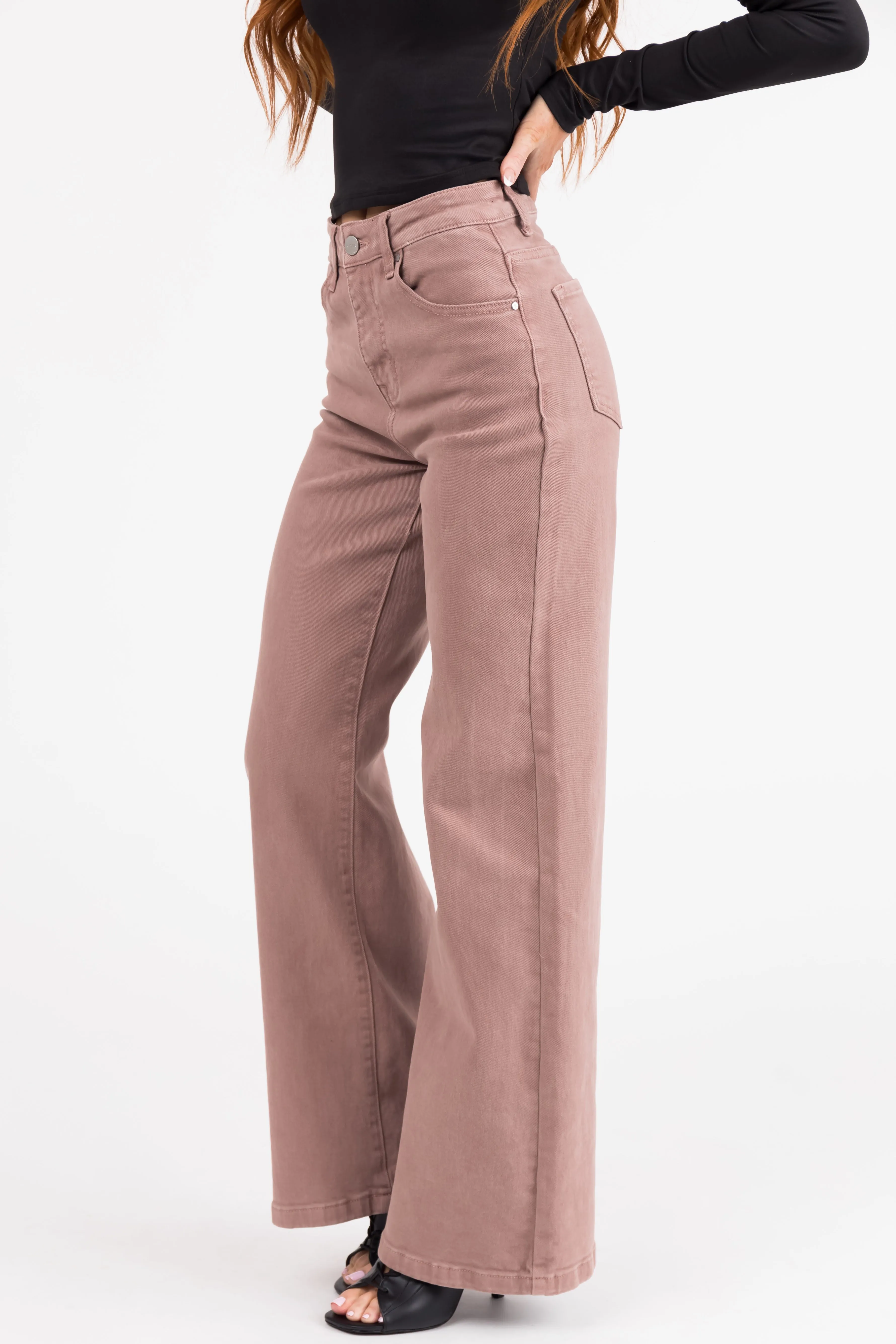 Risen Light Mauve High Rise Wide Leg Jeans sold by Lime Lush product image thumbnail 3