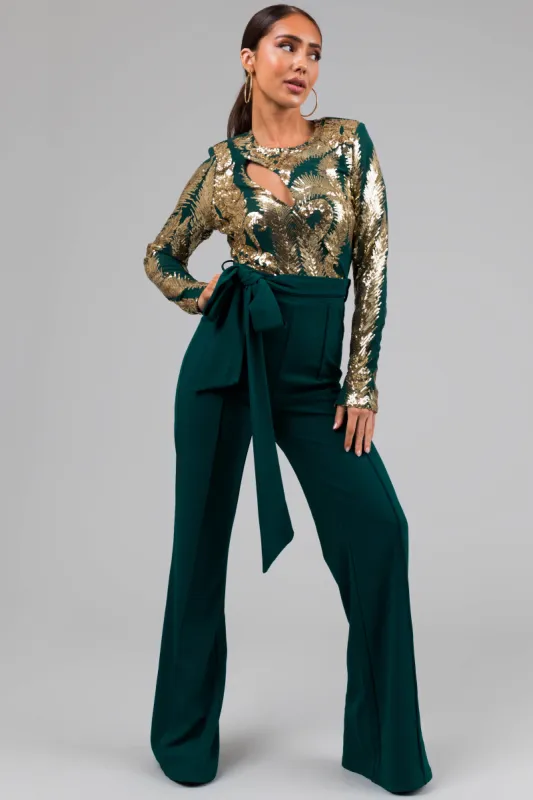 Hunter Green and Gold Sequin Print Jumpsuit sold by Lime Lush