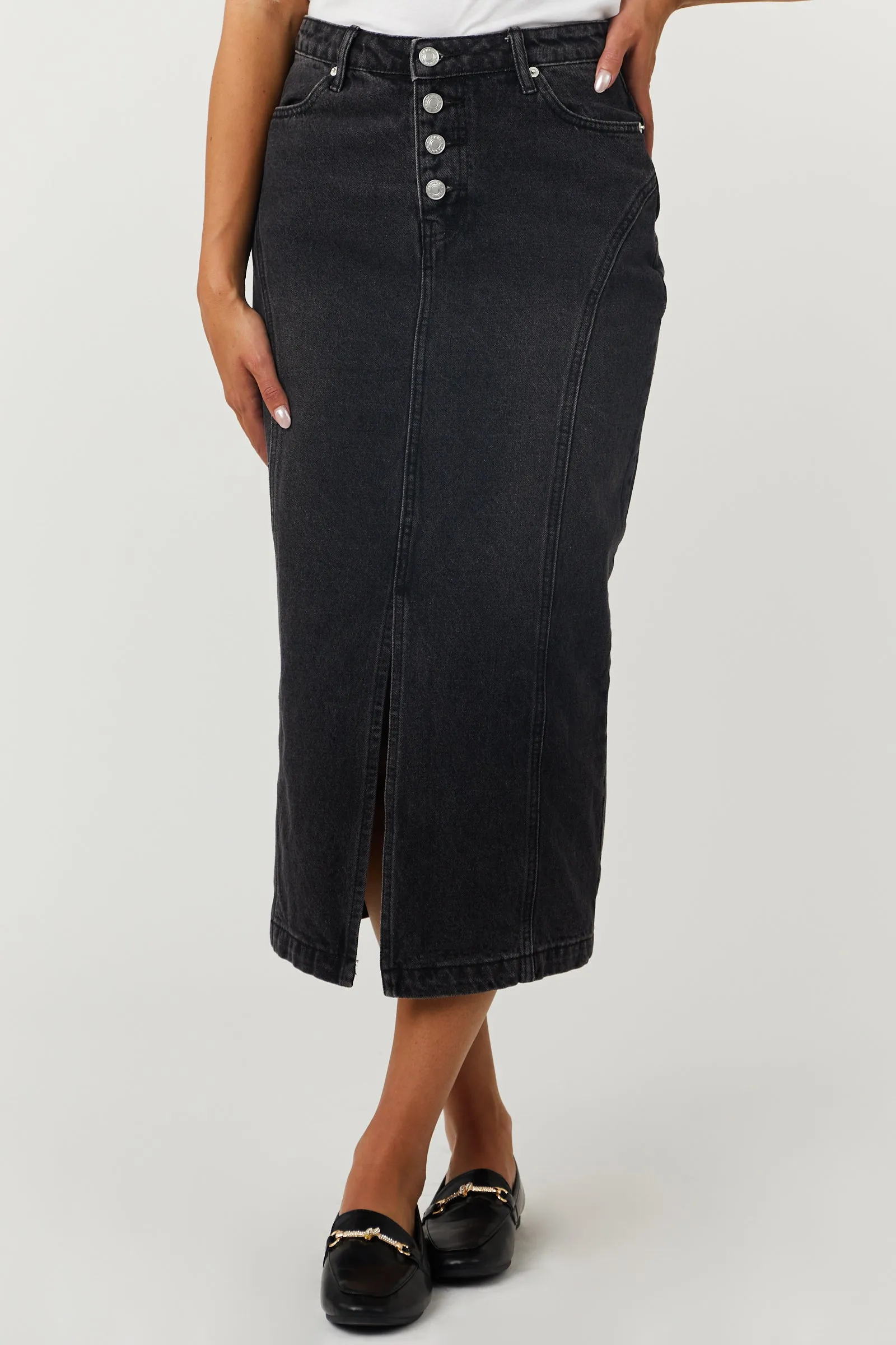 Washed Black Button Fly Denim Midi Skirt sold by Lime Lush product image thumbnail 2