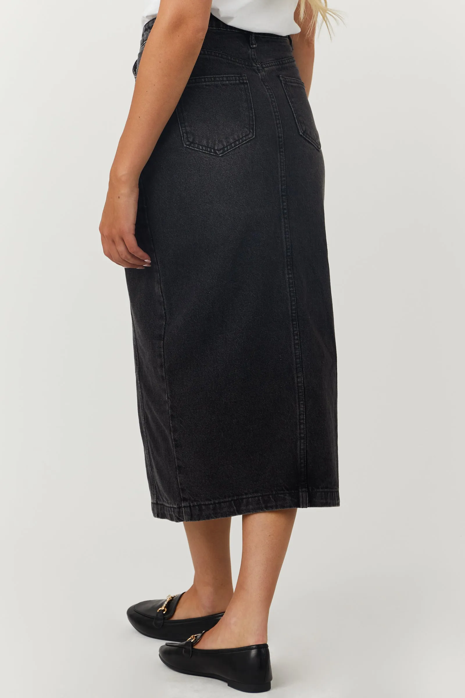 Washed Black Button Fly Denim Midi Skirt sold by Lime Lush product image thumbnail 4