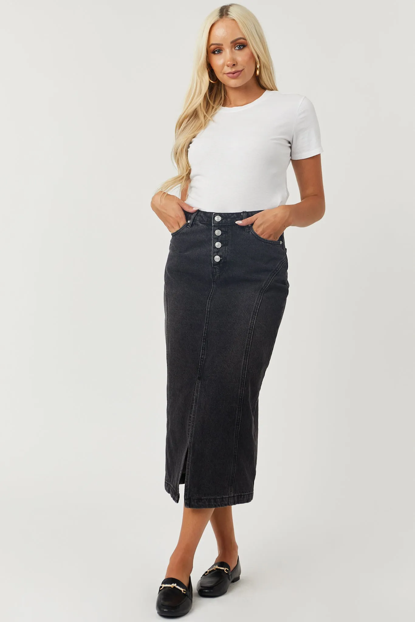 Washed Black Button Fly Denim Midi Skirt sold by Lime Lush