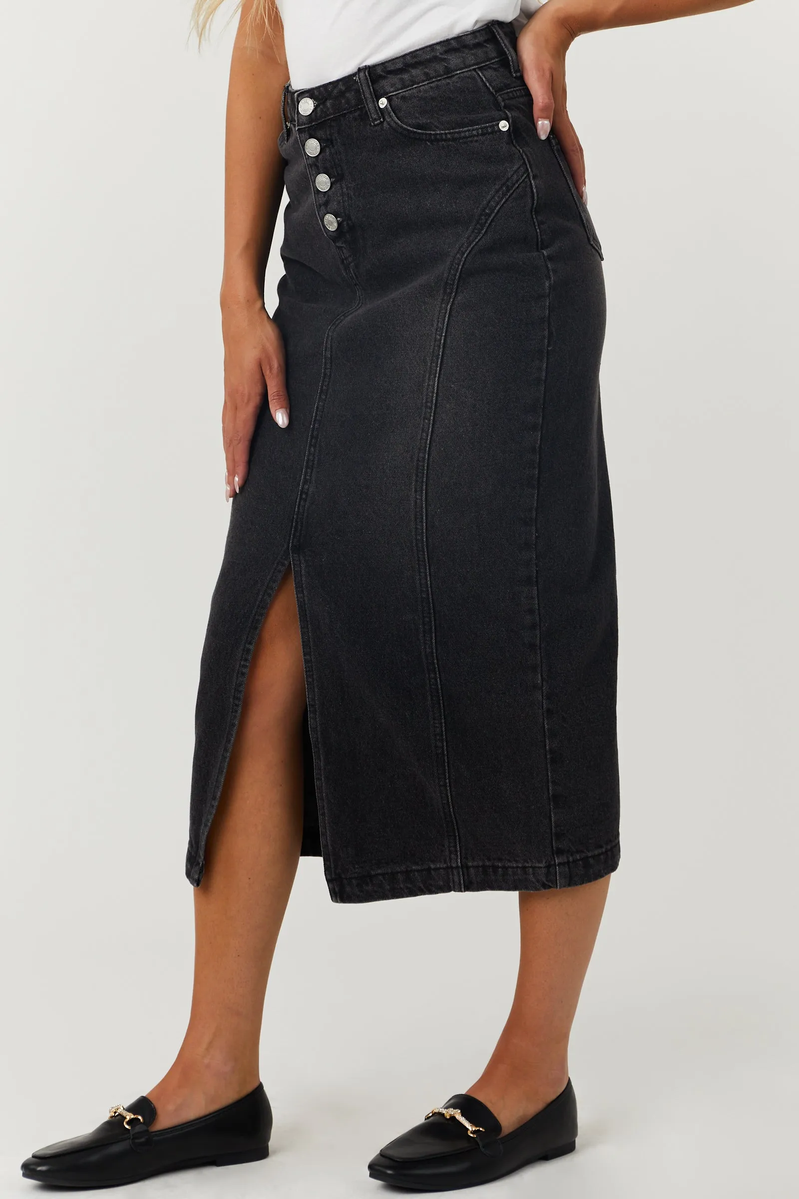 Washed Black Button Fly Denim Midi Skirt sold by Lime Lush product image thumbnail 3