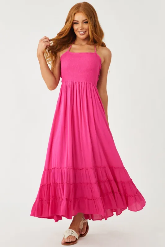 Magenta Smocked Strappy Back Halter Maxi Dress sold by Lime Lush