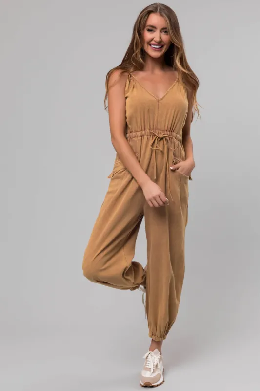 Washed Copper Drawstring Sleeveless Jumpsuit sold by Lime Lush