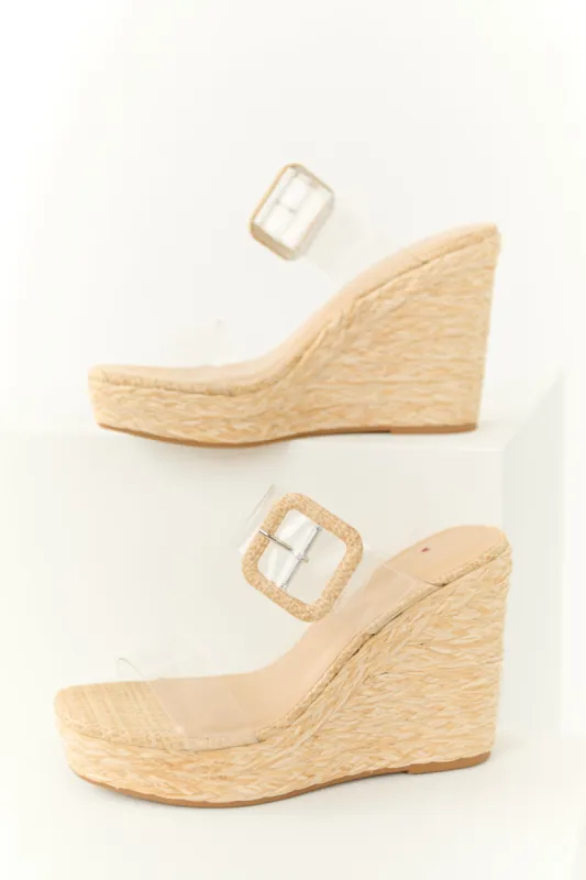 Desert Sand Clear Strap Open Toed Woven Wedges sold by Lime Lush