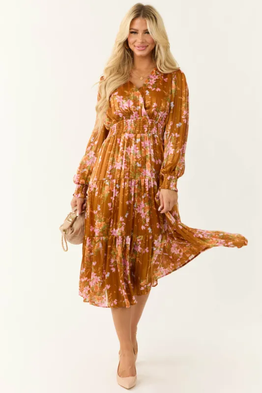 Sedona Floral Print Tiered Satin Midi Dress sold by Lime Lush