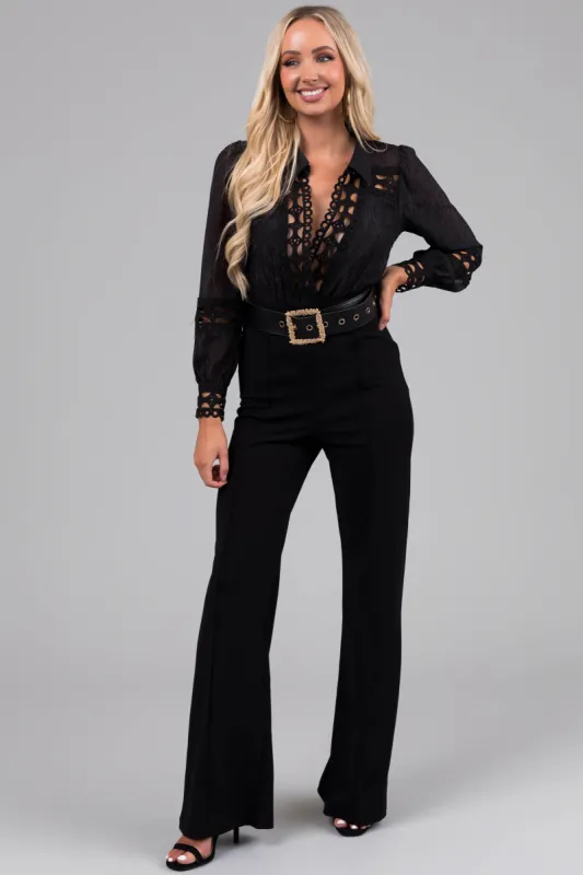 Black Crochet Detail Belted Jumpsuit sold by Lime Lush