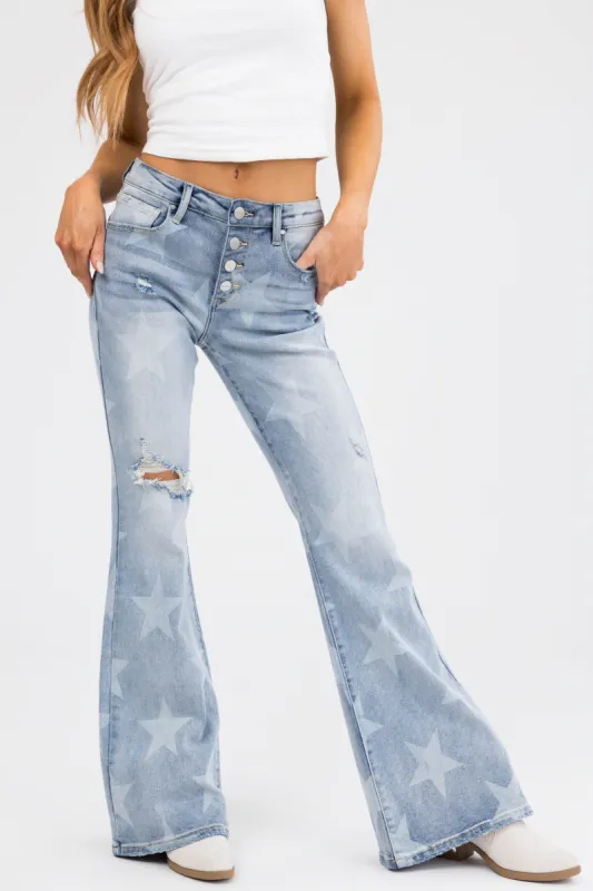 Risen Mid Rise Star Print Flare Jeans sold by Lime Lush