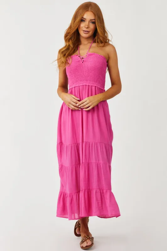 Fuchsia Halter Tie Smocked Bodice Midi Dress sold by Lime Lush