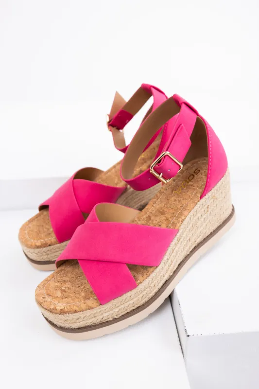 Hot Pink Cross Strap Espadrille Platform Sandals sold by Lime Lush