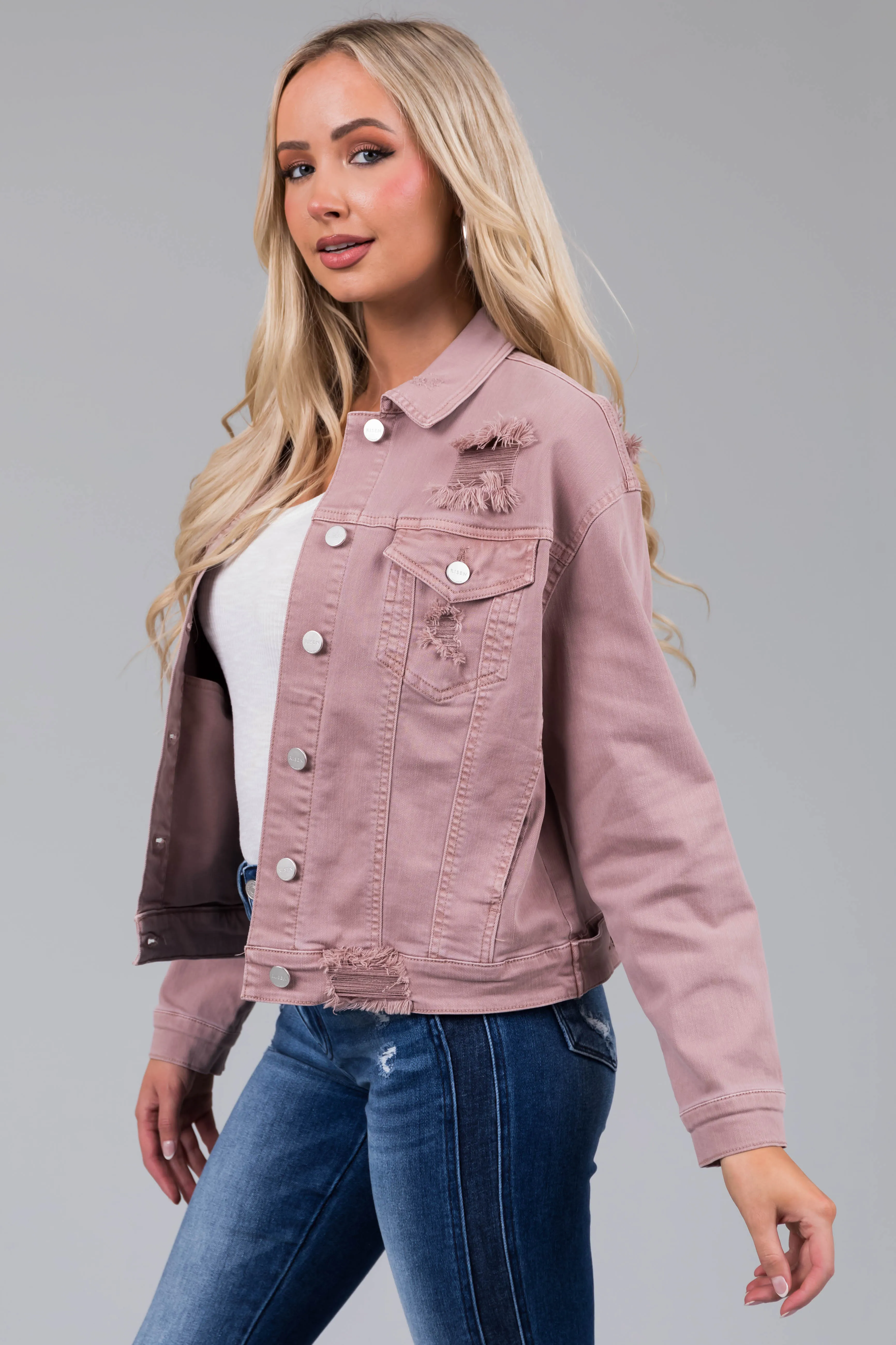 Risen Mauve Denim Distressed Button Up Jacket sold by Lime Lush product image thumbnail 4