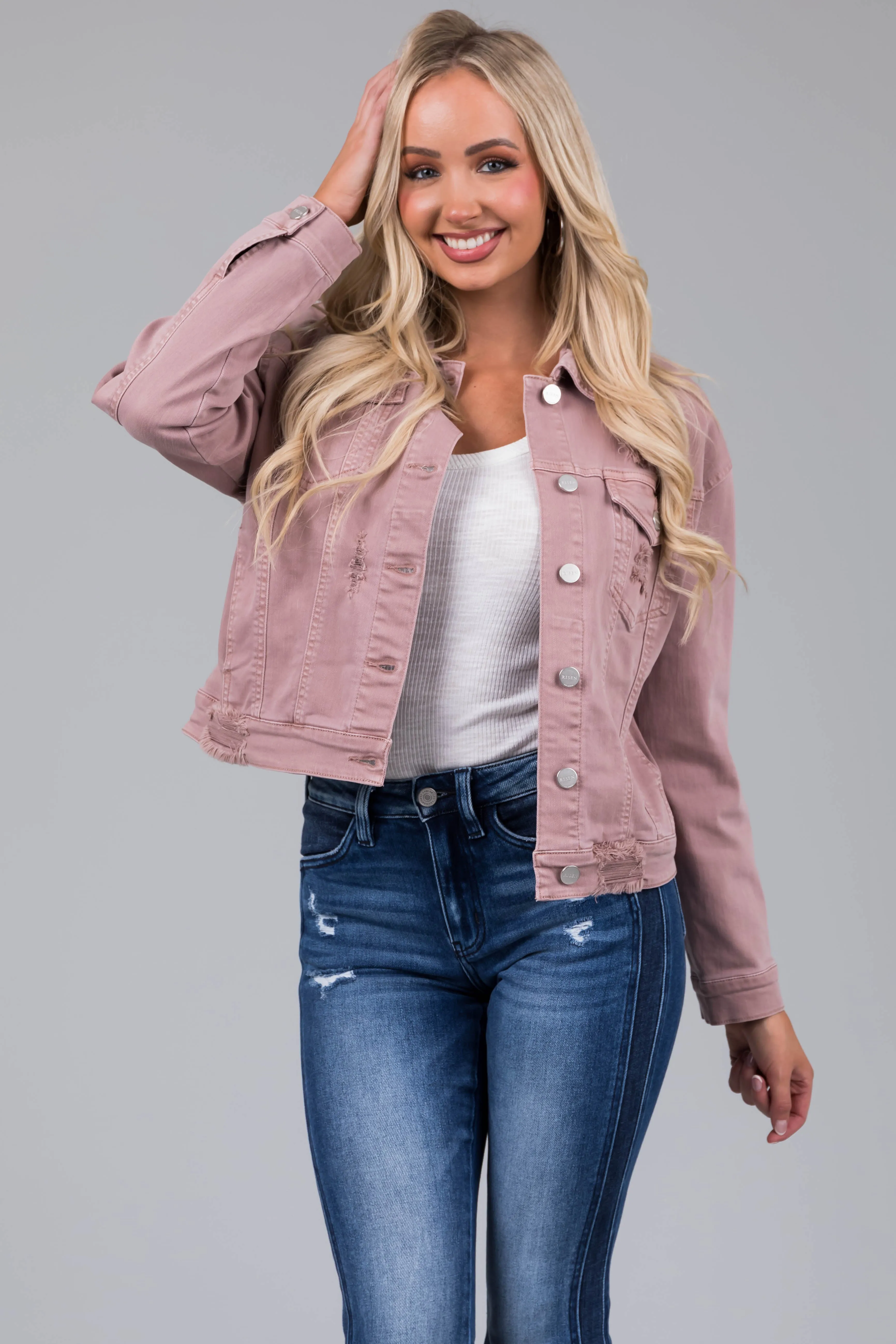 Risen Mauve Denim Distressed Button Up Jacket sold by Lime Lush product image thumbnail 3