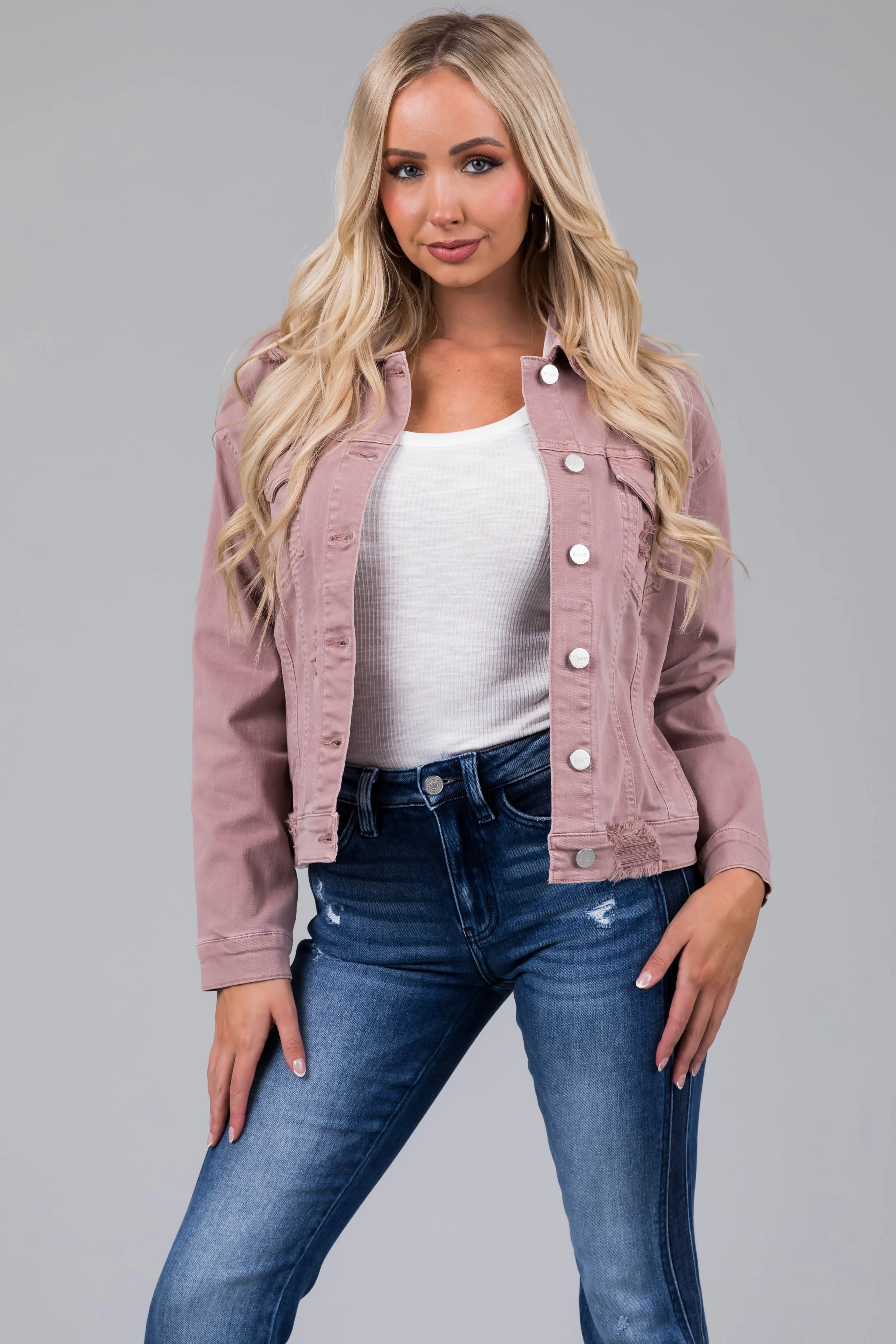 Risen Mauve Denim Distressed Button Up Jacket sold by Lime Lush product image thumbnail 2