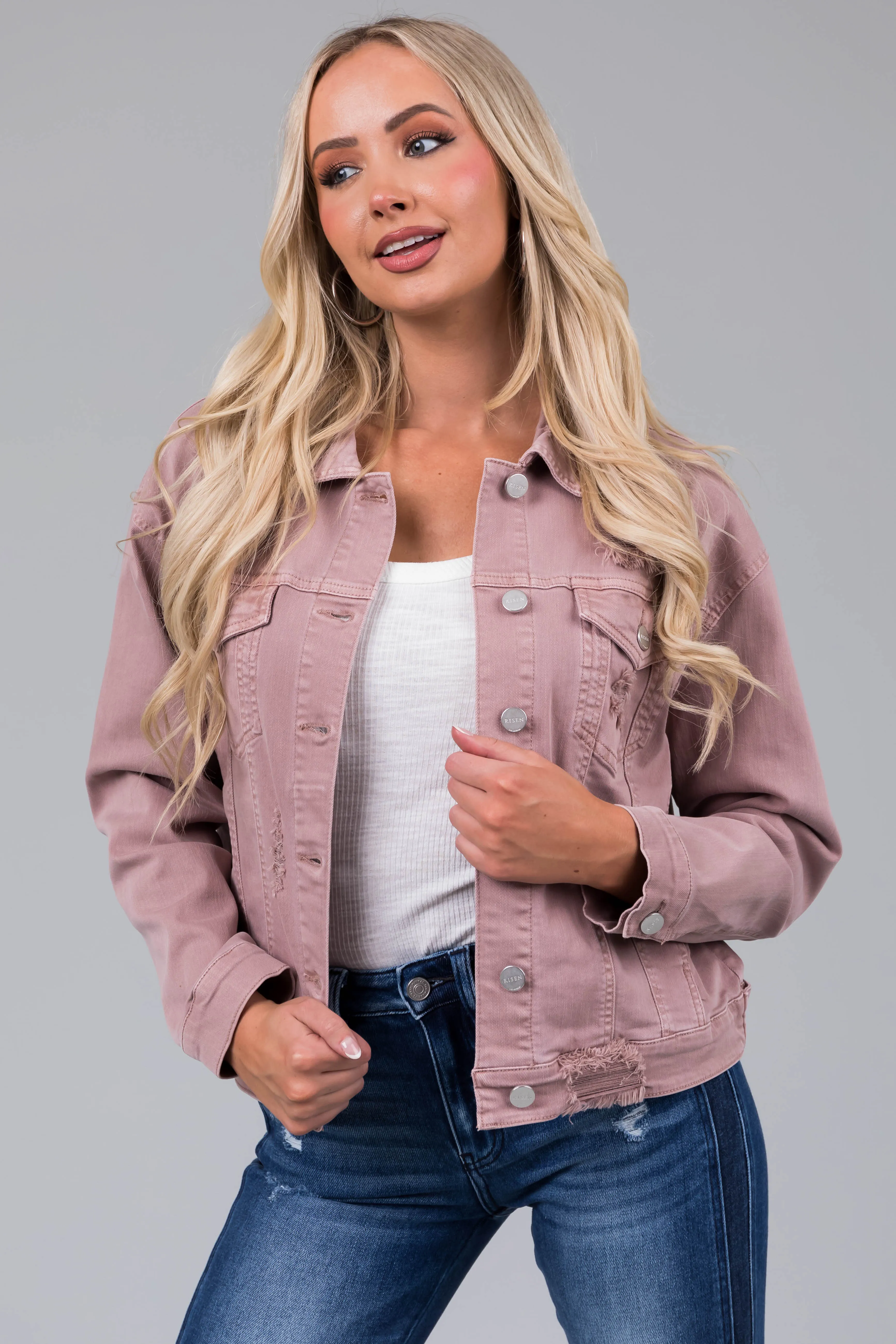 Risen Mauve Denim Distressed Button Up Jacket sold by Lime Lush