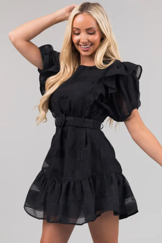 Black Ruffle Belted Waist Striped Mini Dress sold by Lime Lush