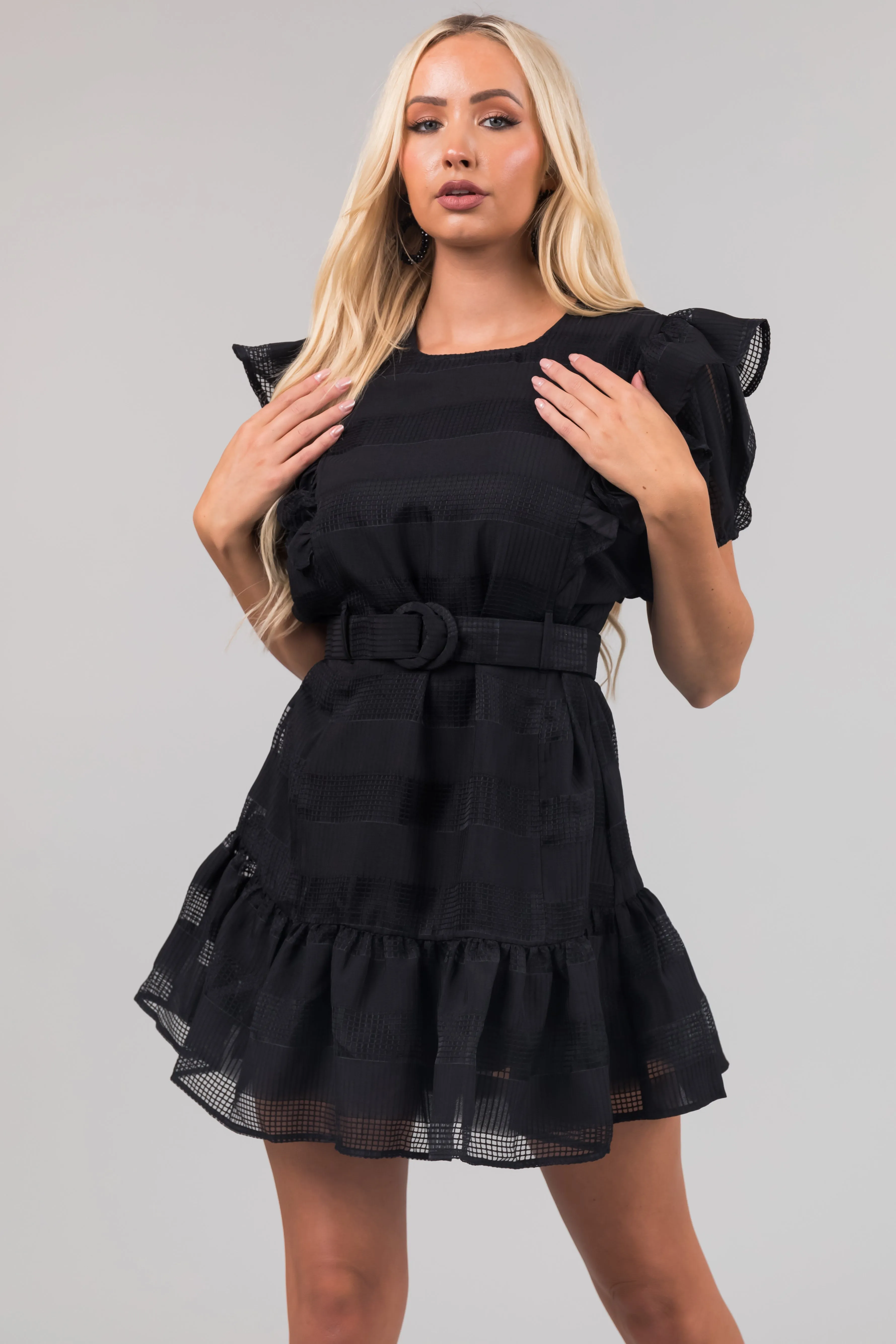 Black Ruffle Belted Waist Striped Mini Dress sold by Lime Lush product image thumbnail 2