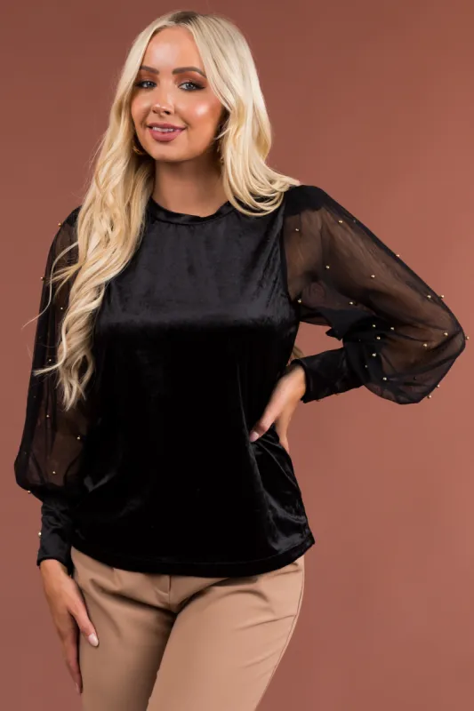 Black Velvet Blouse with Studded Mesh Sleeves sold by Lime Lush
