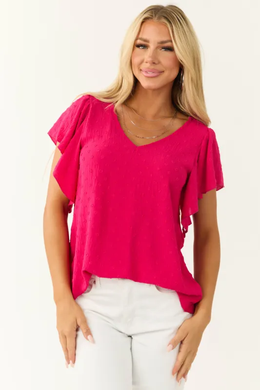Hot Pink Swiss Dot Tied Back Blouse sold by Lime Lush