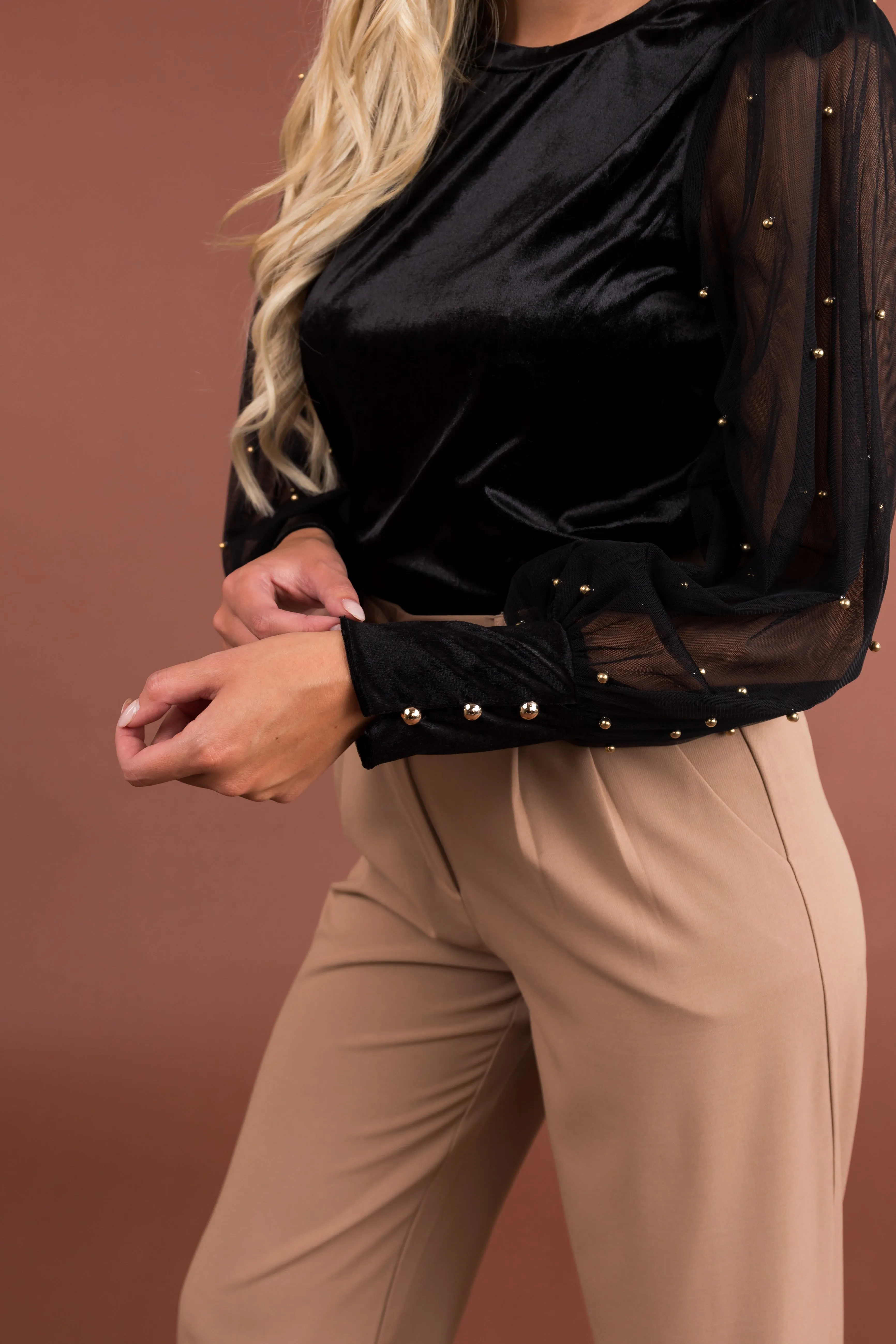 Black Velvet Blouse with Studded Mesh Sleeves sold by Lime Lush product image thumbnail 5