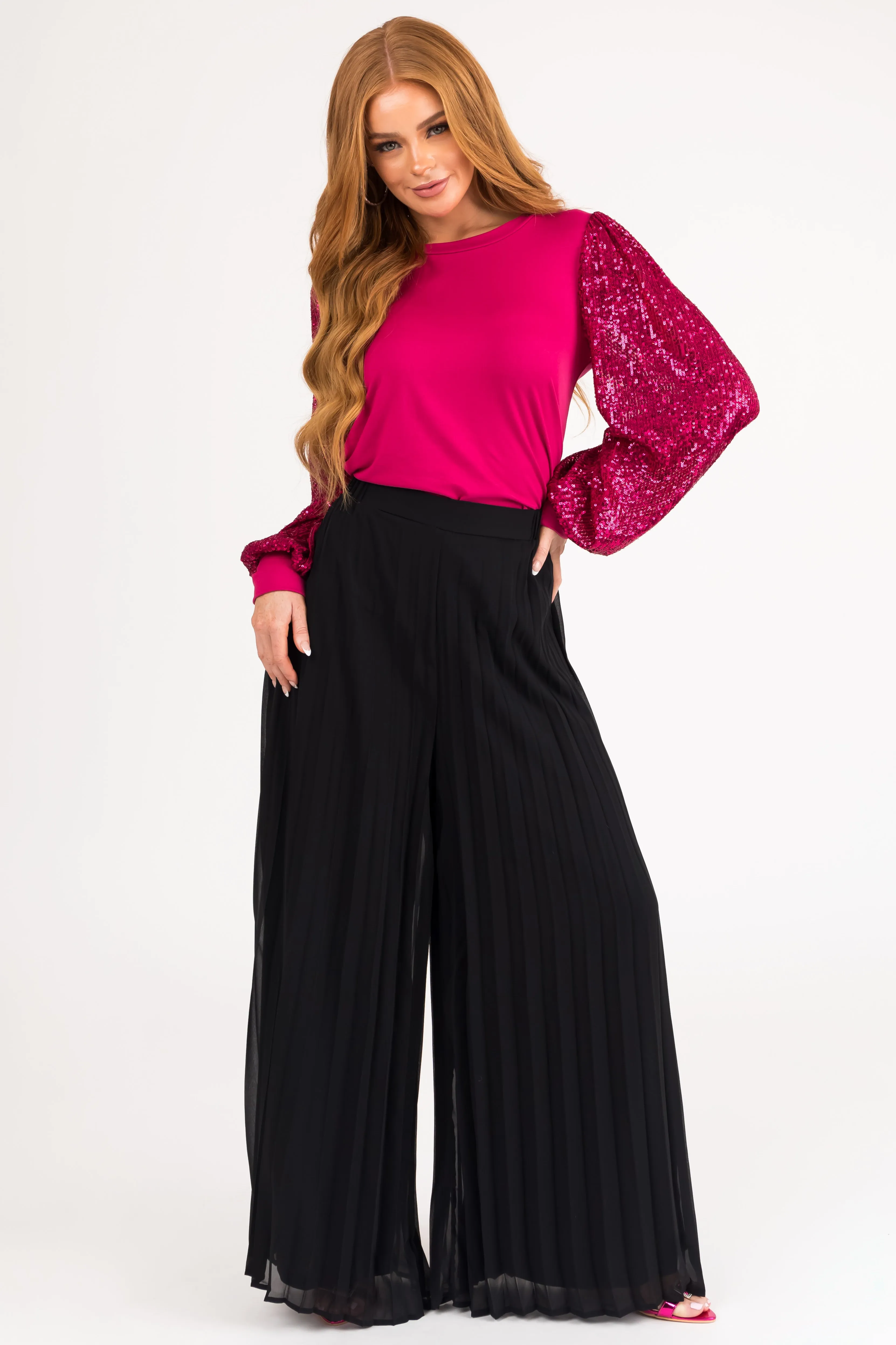 She+Sky Black Pleated Chiffon High Rise Wide Leg Pants sold by Lime Lush