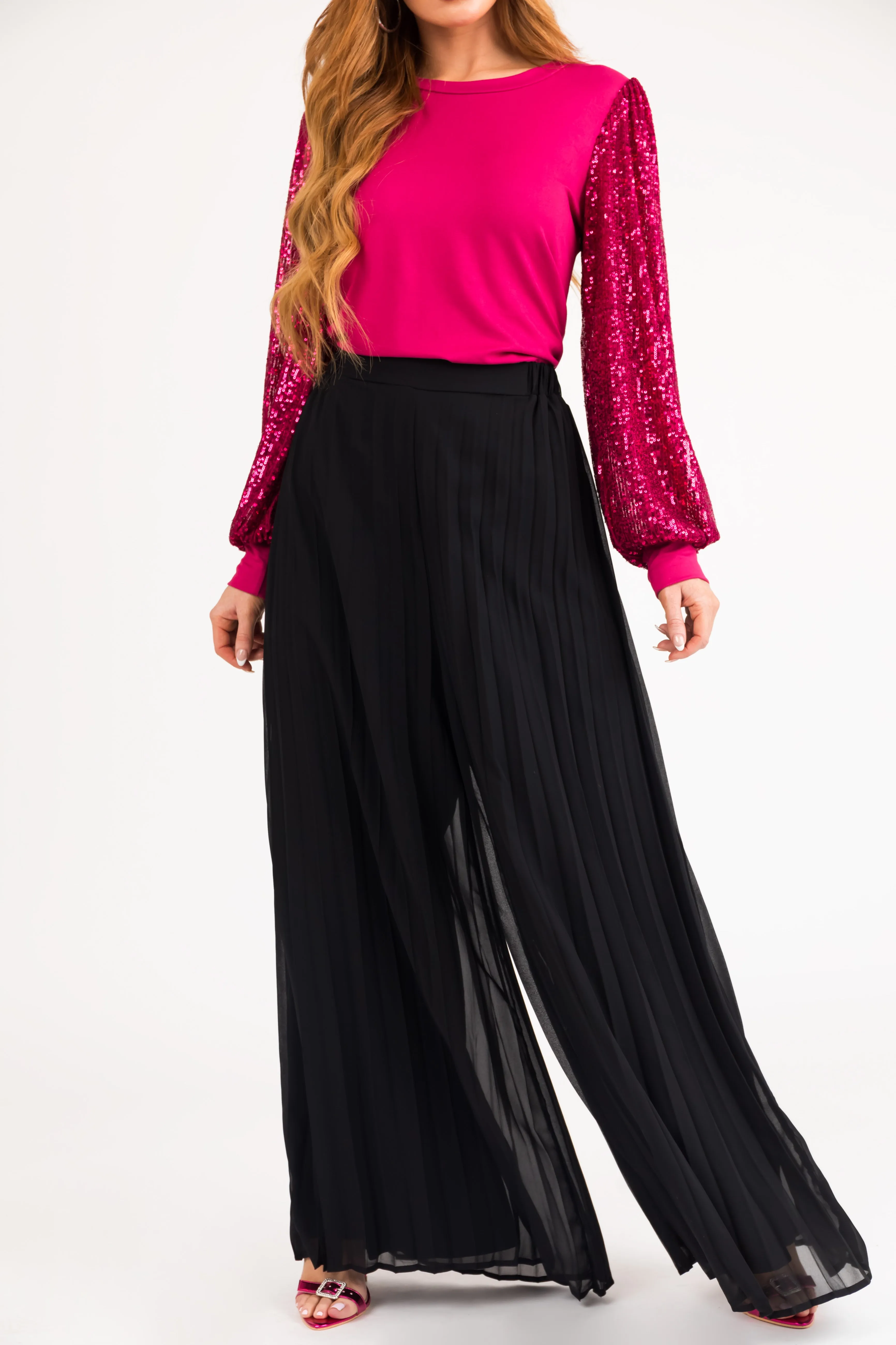 She+Sky Black Pleated Chiffon High Rise Wide Leg Pants sold by Lime Lush product image thumbnail 2
