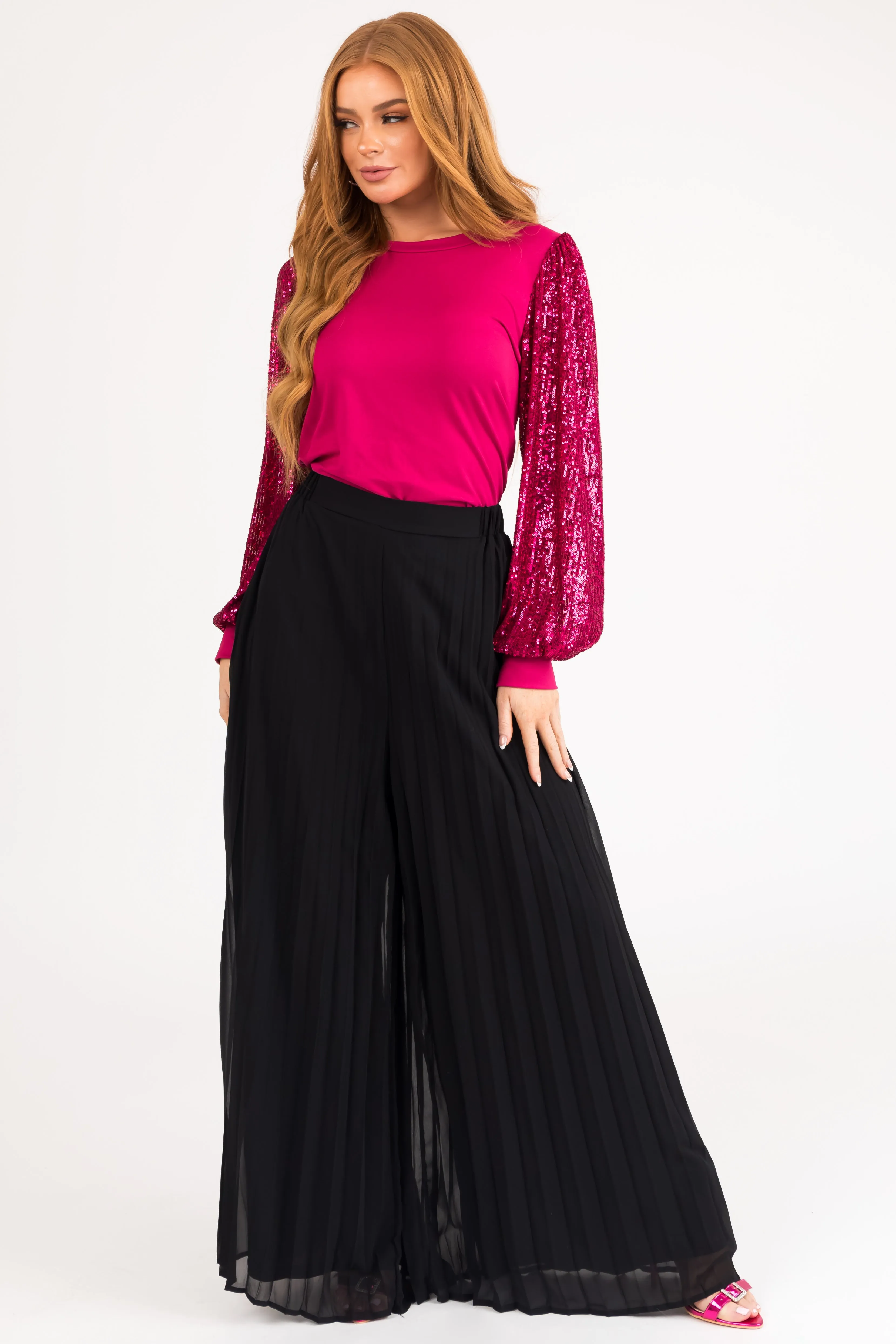 She+Sky Black Pleated Chiffon High Rise Wide Leg Pants sold by Lime Lush product image thumbnail 5