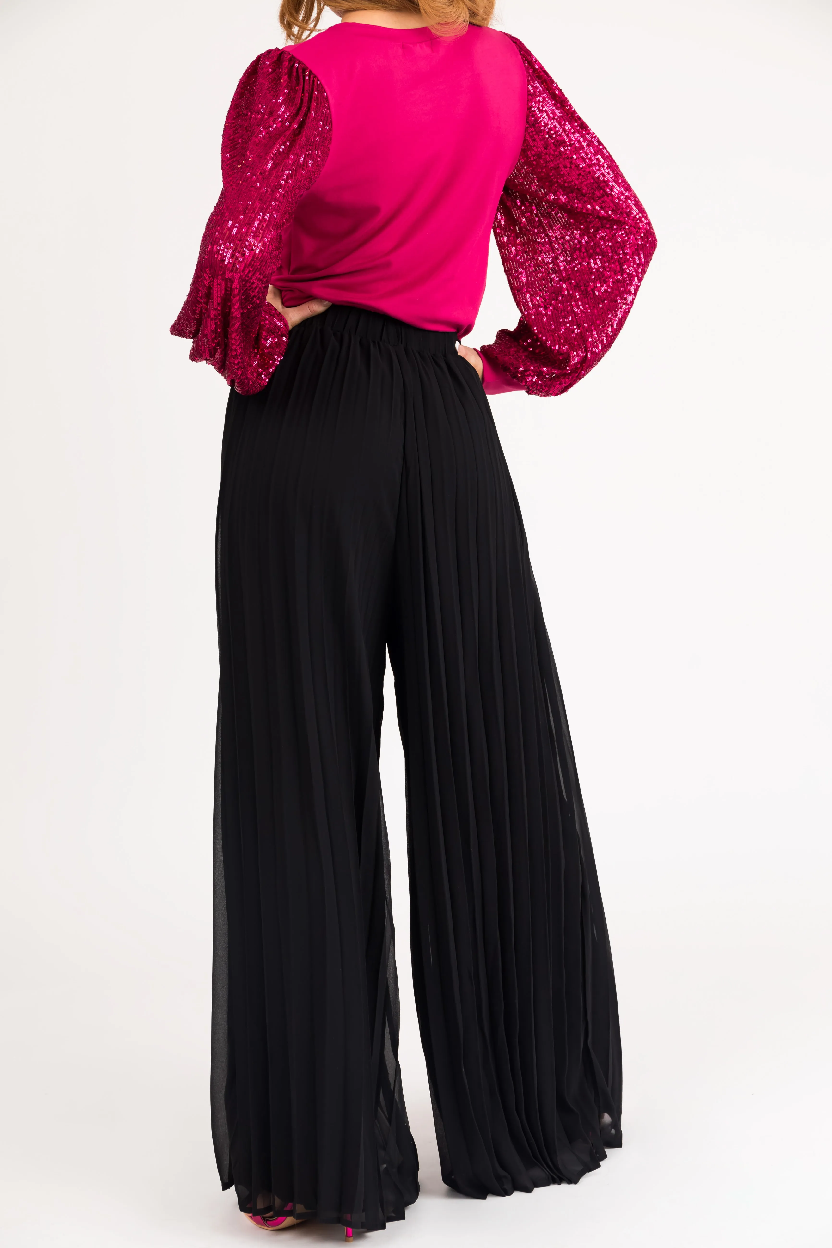 She+Sky Black Pleated Chiffon High Rise Wide Leg Pants sold by Lime Lush product image thumbnail 4