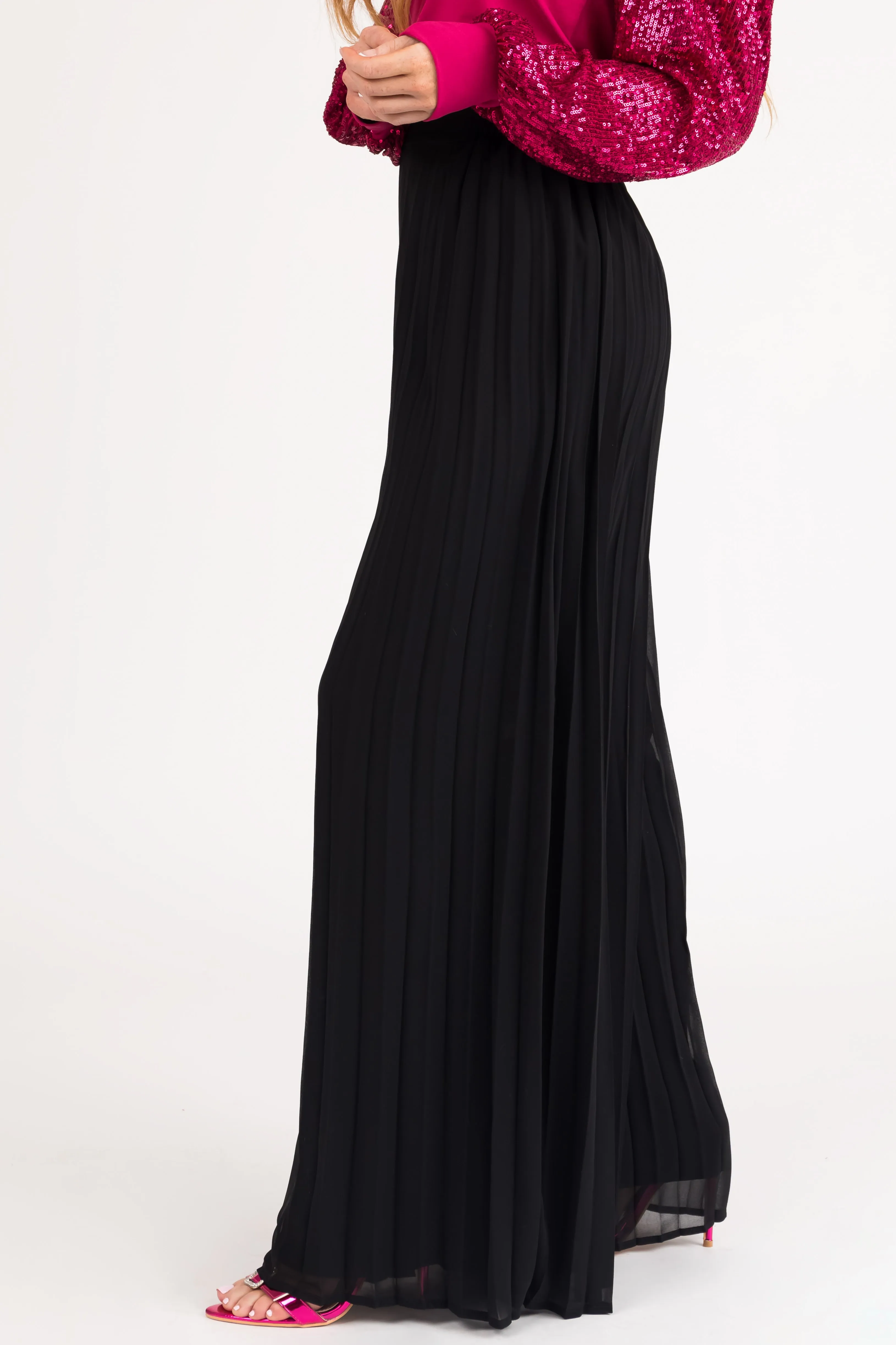 She+Sky Black Pleated Chiffon High Rise Wide Leg Pants sold by Lime Lush product image thumbnail 3