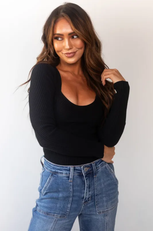Black Long Sleeve Thick Ribbed Knit Fitted Top sold by Lime Lush